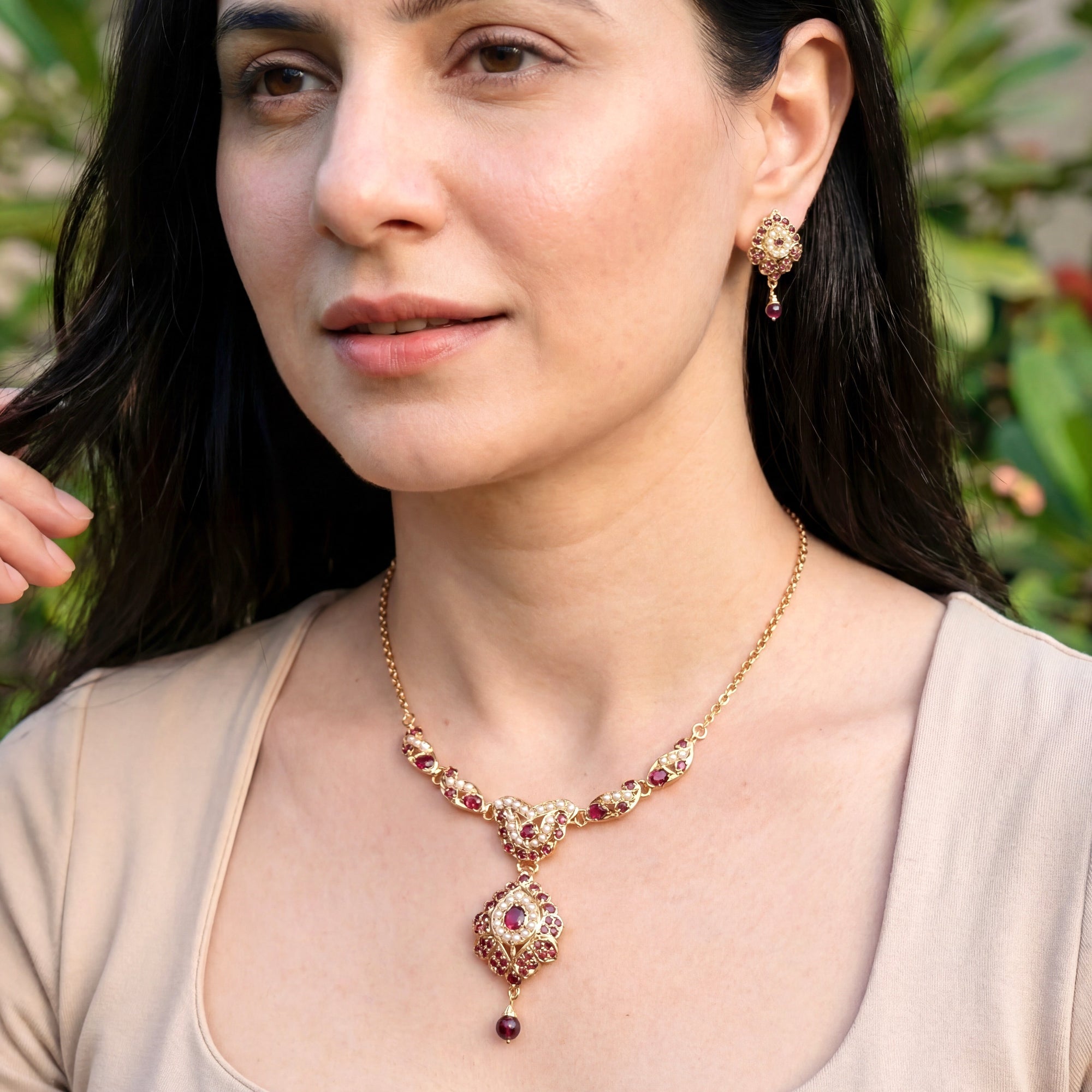 Cute Garnet Chain Necklace Set | Gold Plated on 925 Silver NS 442
