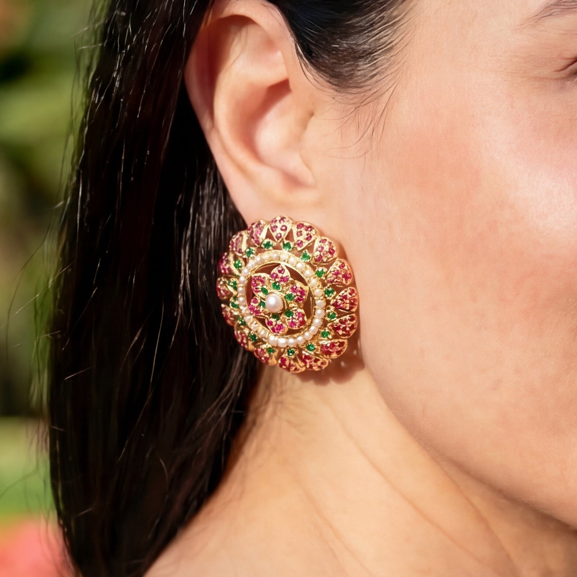 Gold Plated Jadau Stud | Oversized Earrings for Women ER 065