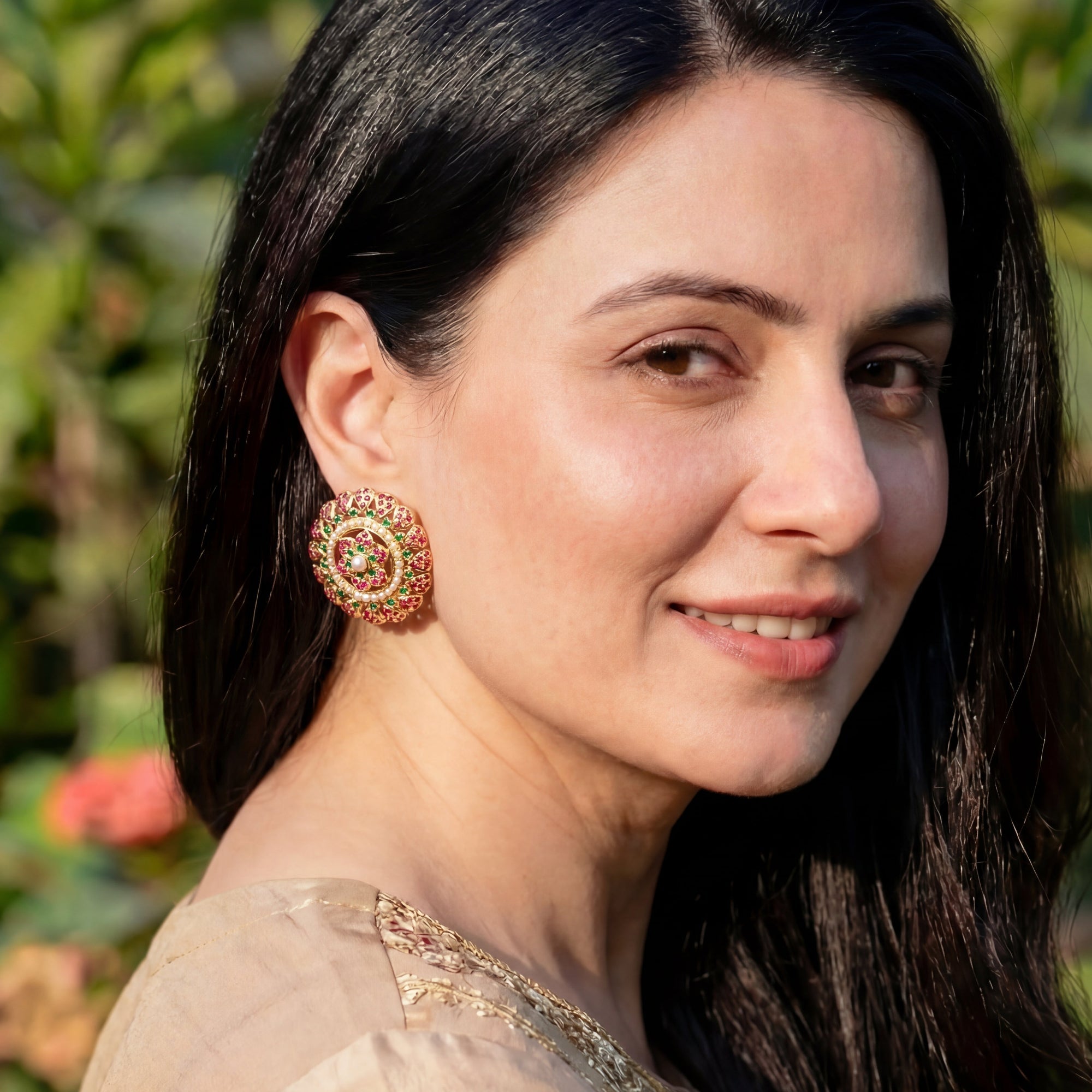 Gold Plated Jadau Stud | Oversized Earrings for Women ER 065