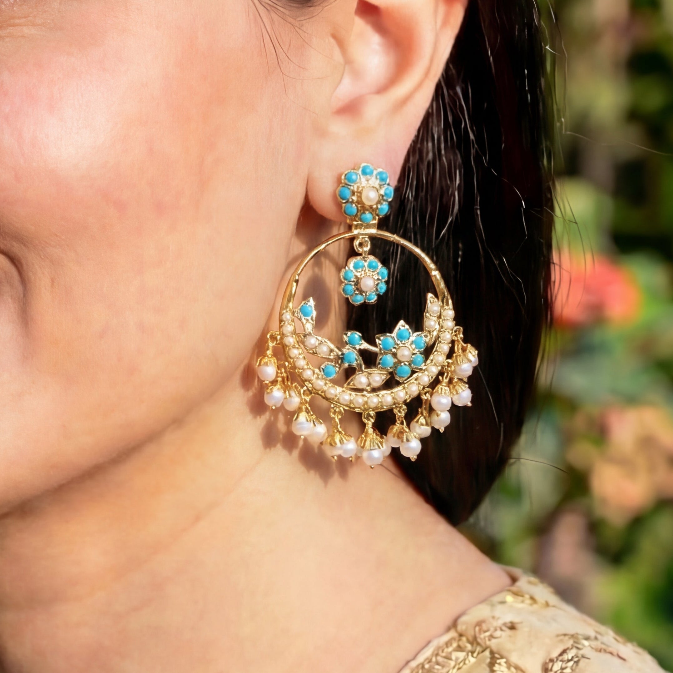 Delicate Pearl & Feroza Silver Chandbali Earrings | Old School Design ER 195