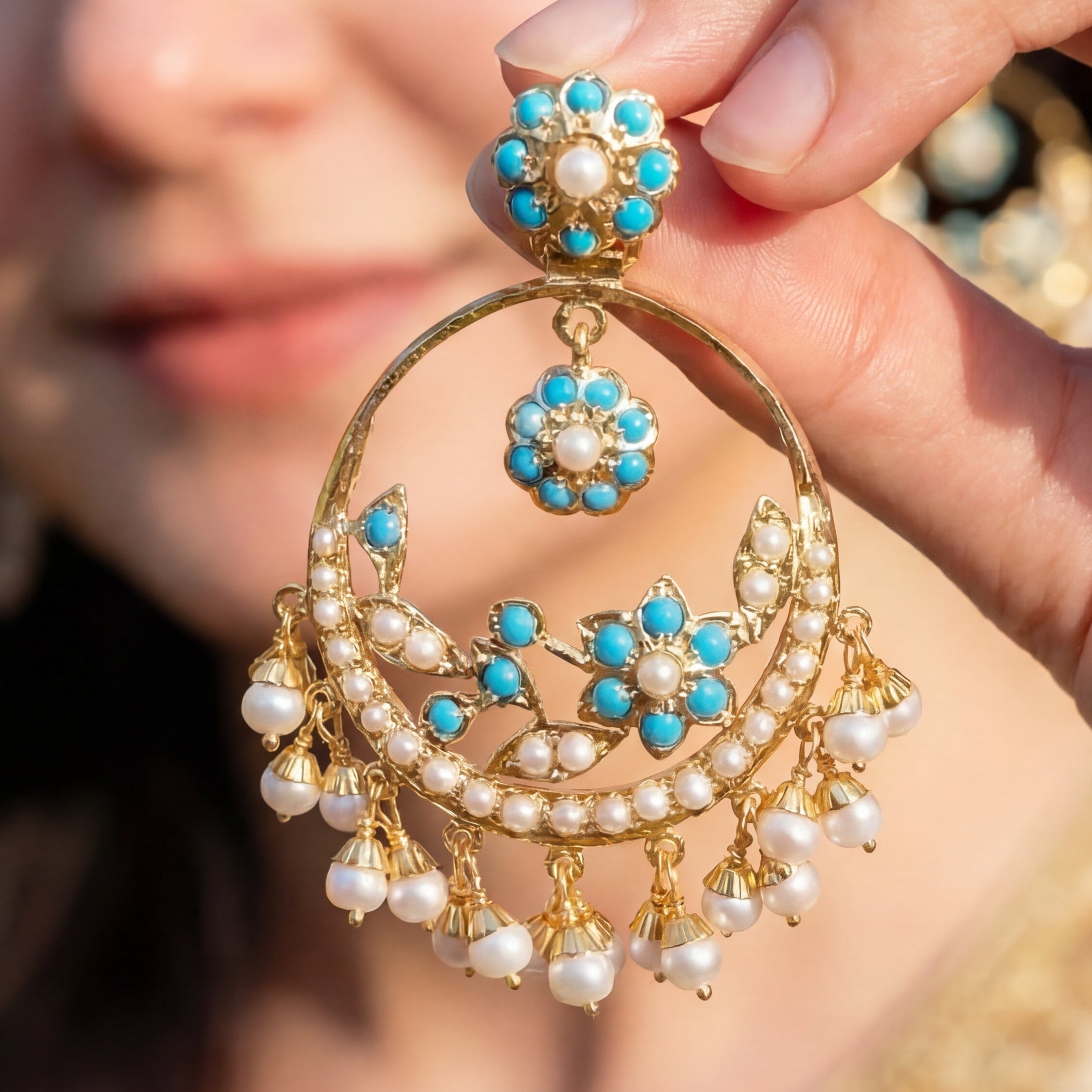 Delicate Pearl & Feroza Silver Chandbali Earrings | Old School Design ER 195