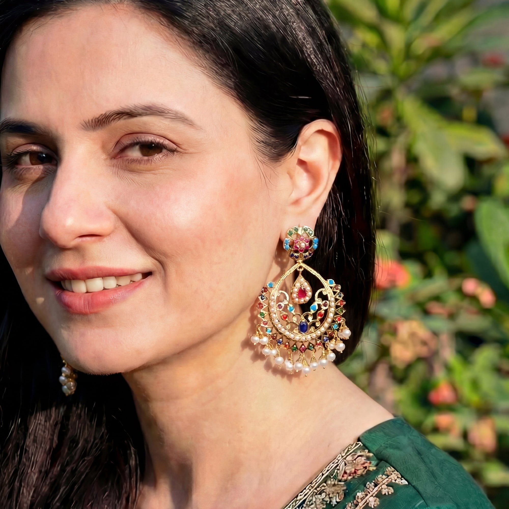 Gold Plated Navaratna Chandbali Earrings for Women | Buy Jadau Earrings Online ER 347