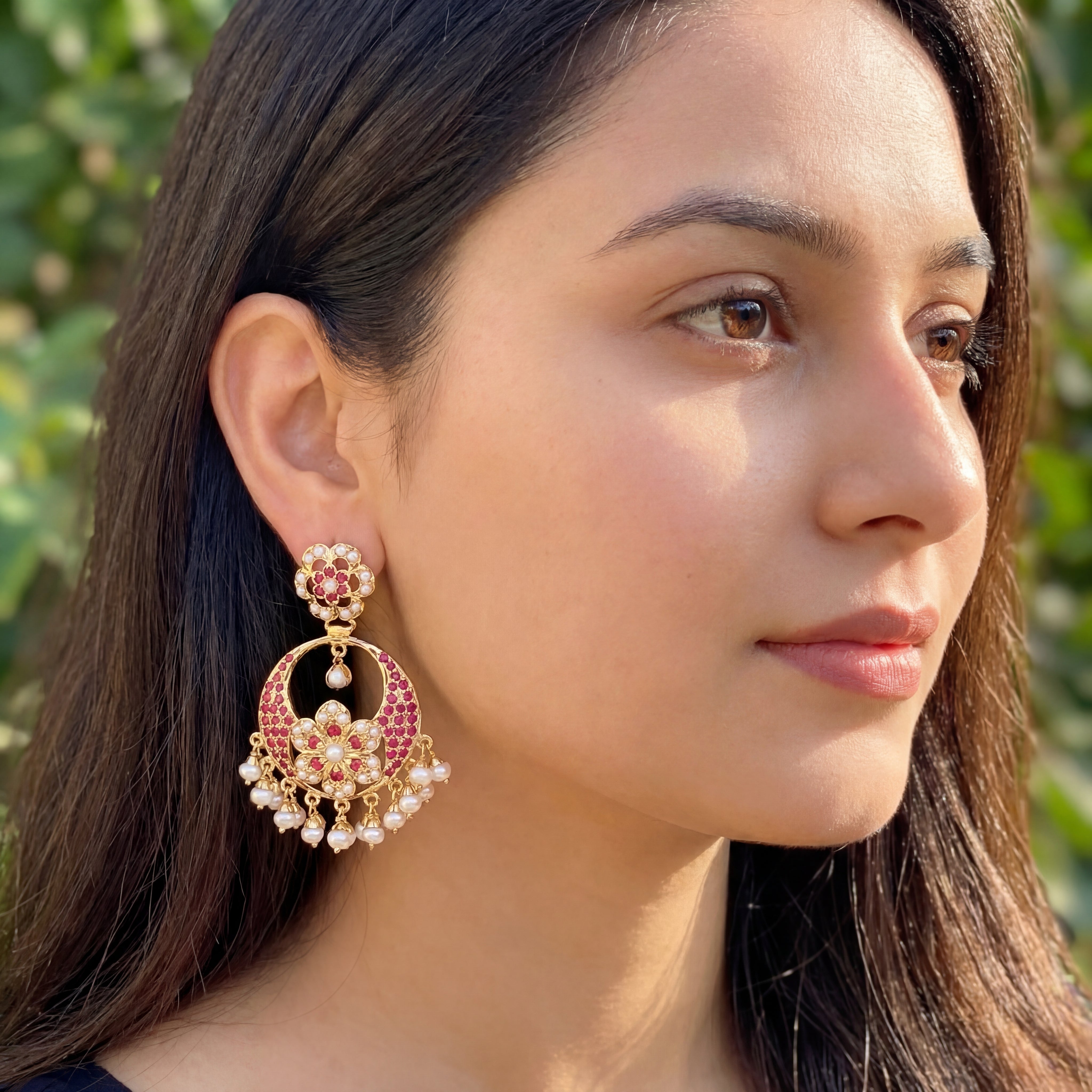 Chandbali / Brijbala Earrings in Silver with 22K Gold Plated Studded with Ruby & Pearl ER 219