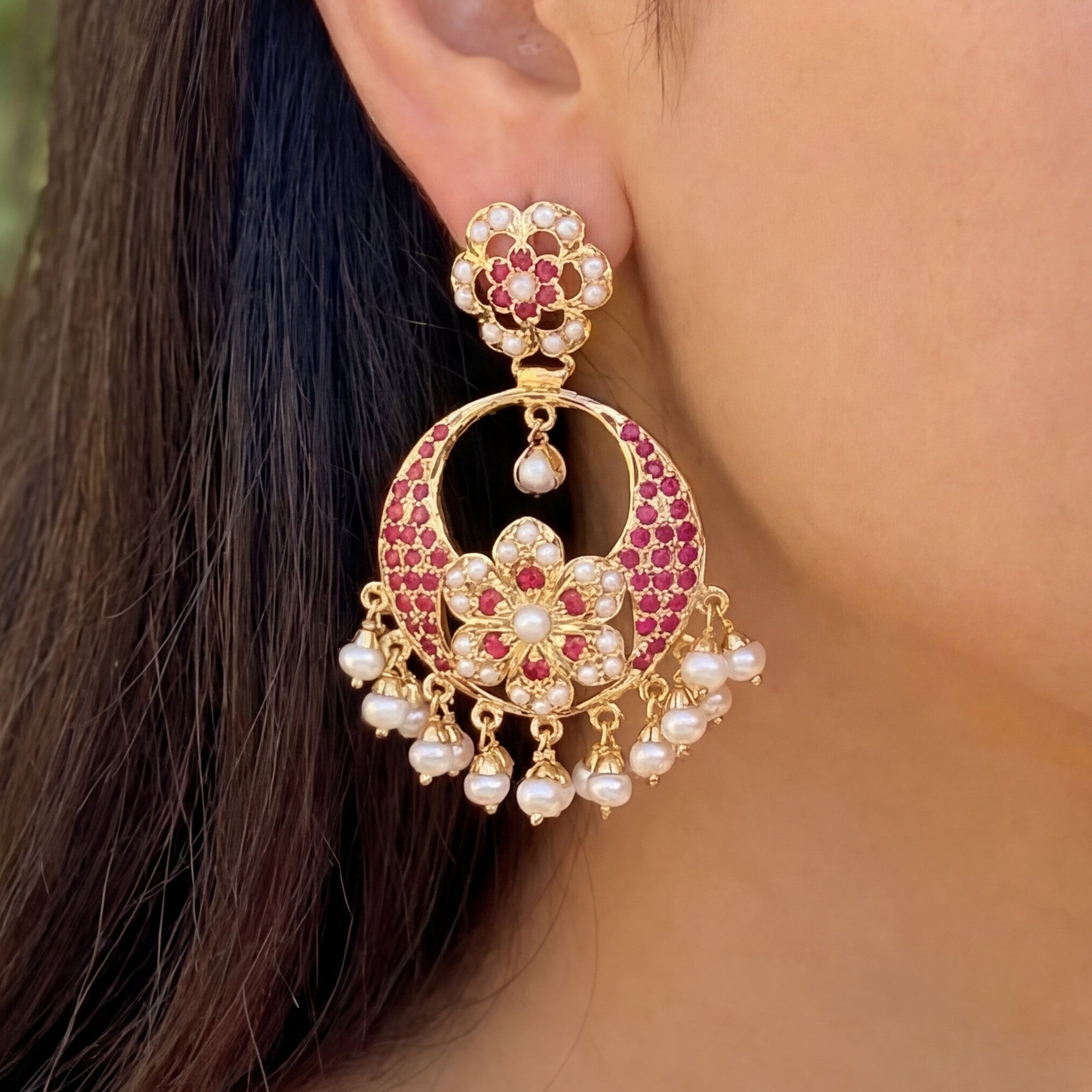 Chandbali / Brijbala Earrings in Silver with 22K Gold Plated Studded with Ruby & Pearl ER 219