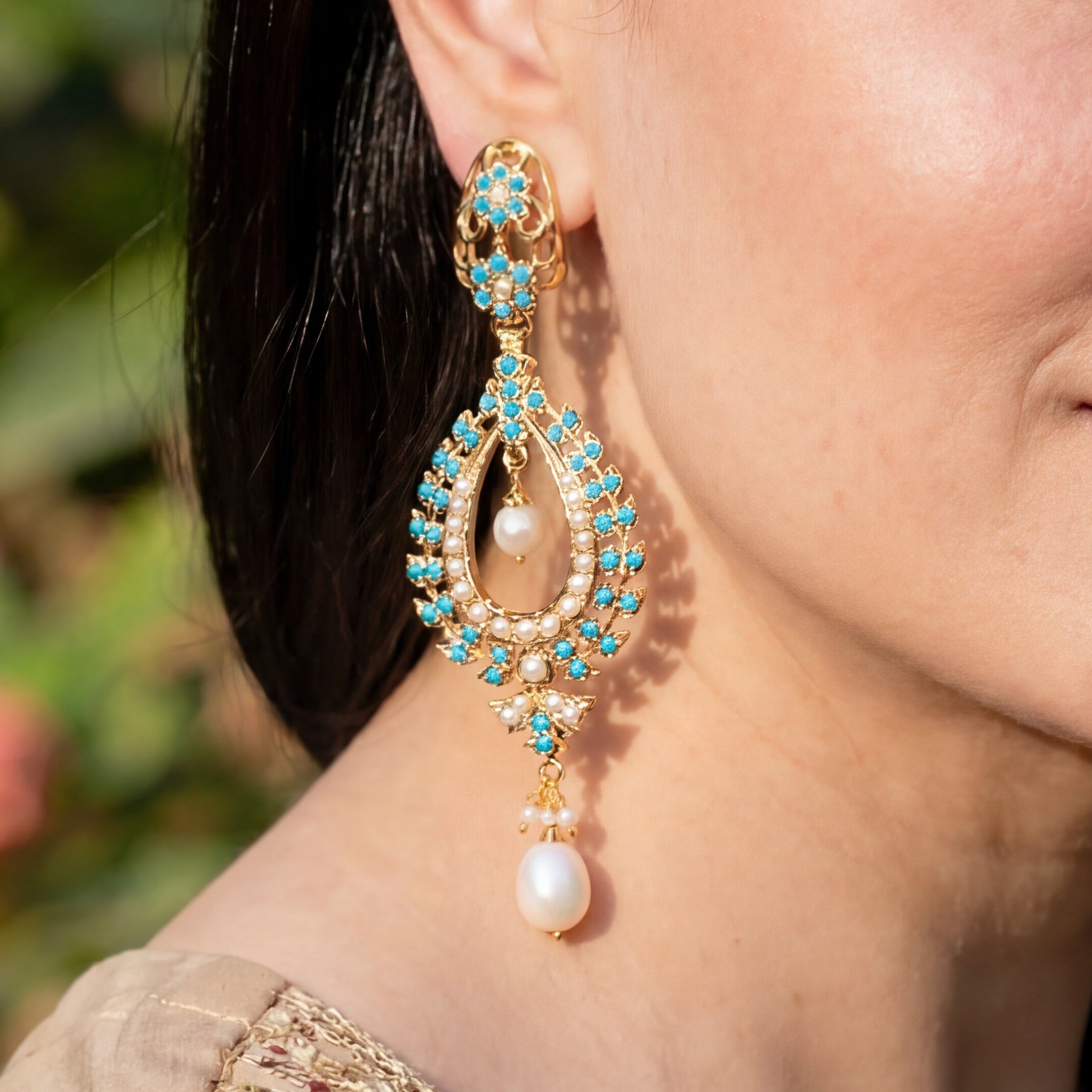 Gold Plated Earrings | Feroza & Pearl on 925 Sterling Silver | Indo-Western Design ER 400