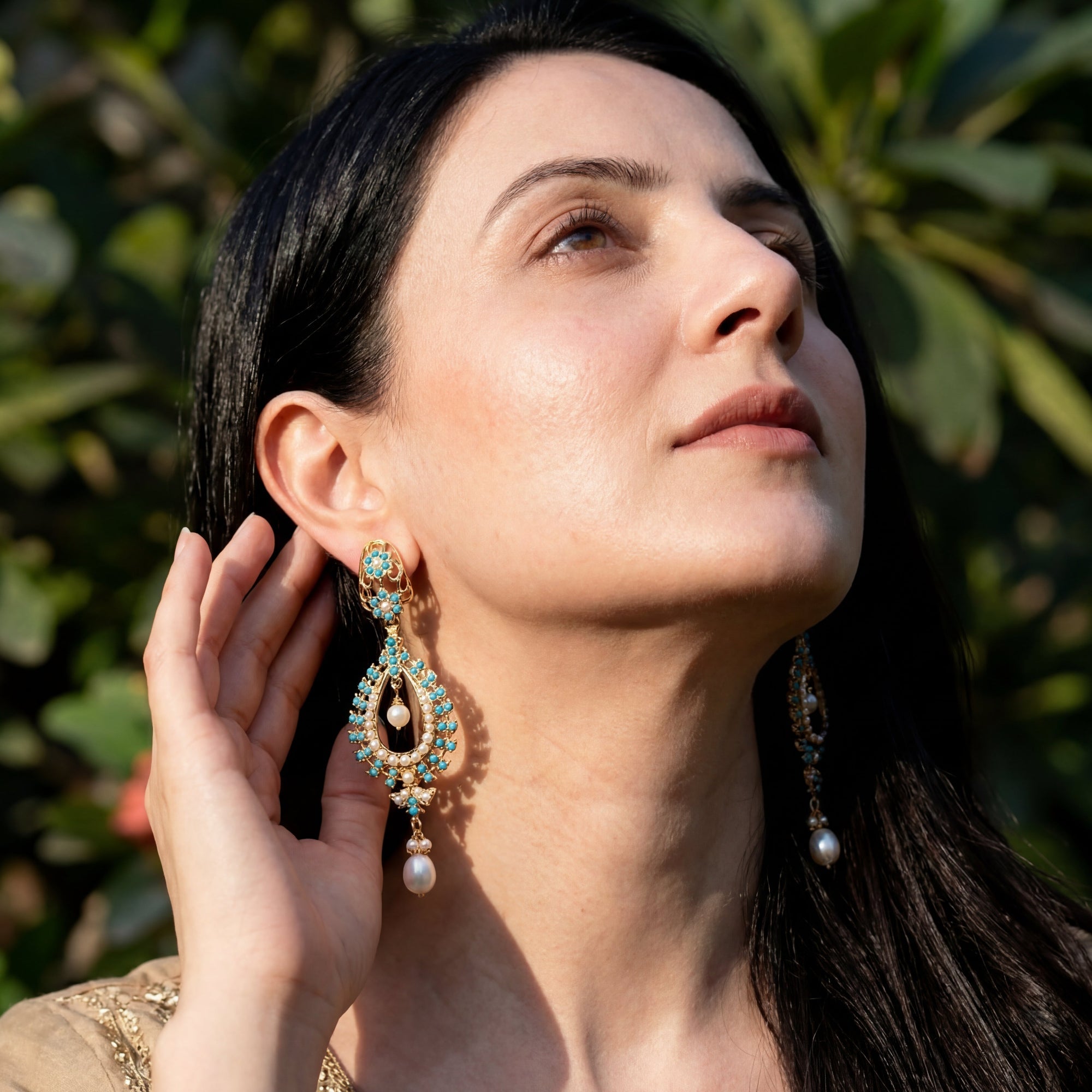Gold Plated Earrings | Feroza & Pearl on 925 Sterling Silver | Indo-Western Design ER 400