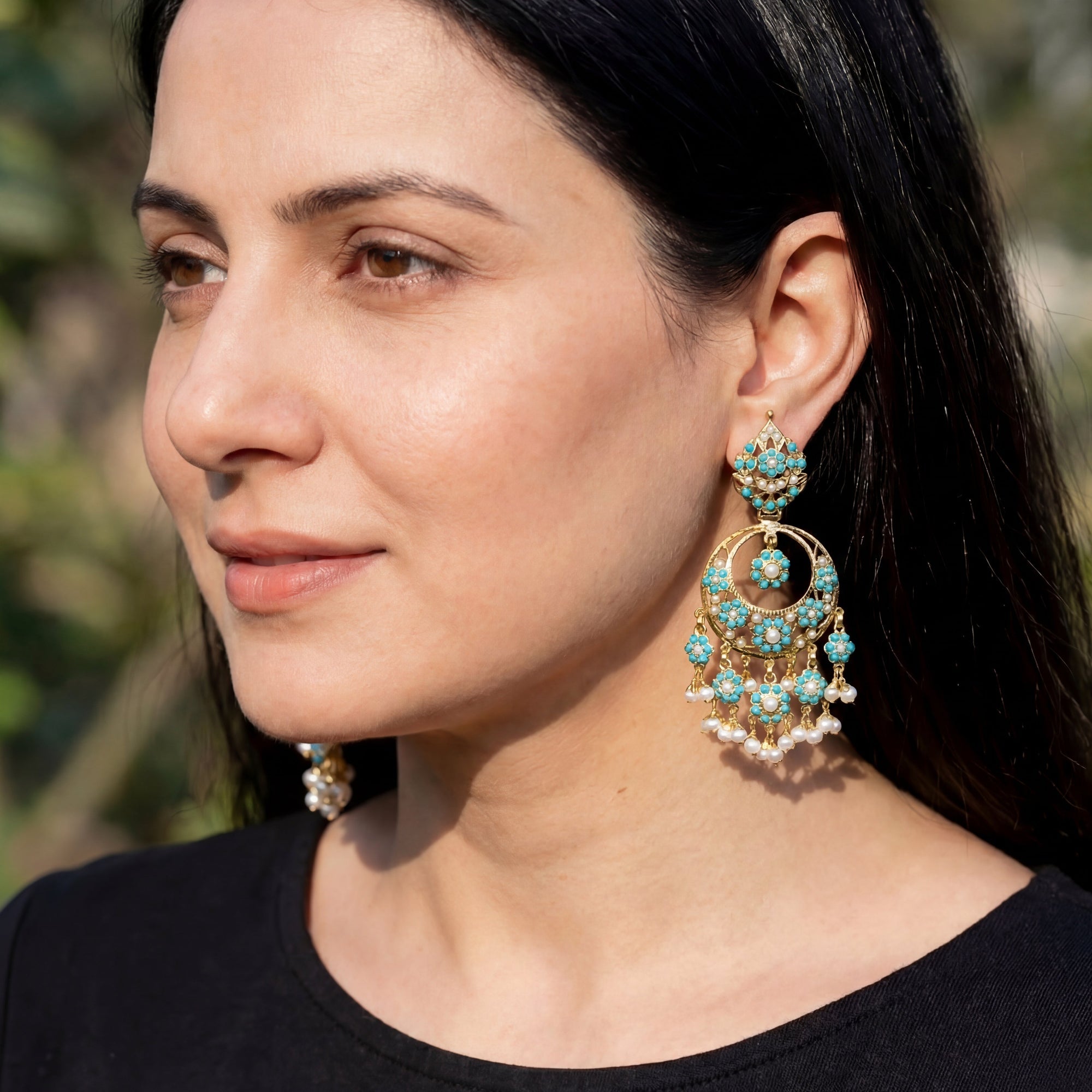 Long Indian Feroza Chandbali Earrings | Gold Platedon Sterling Silver ER 144