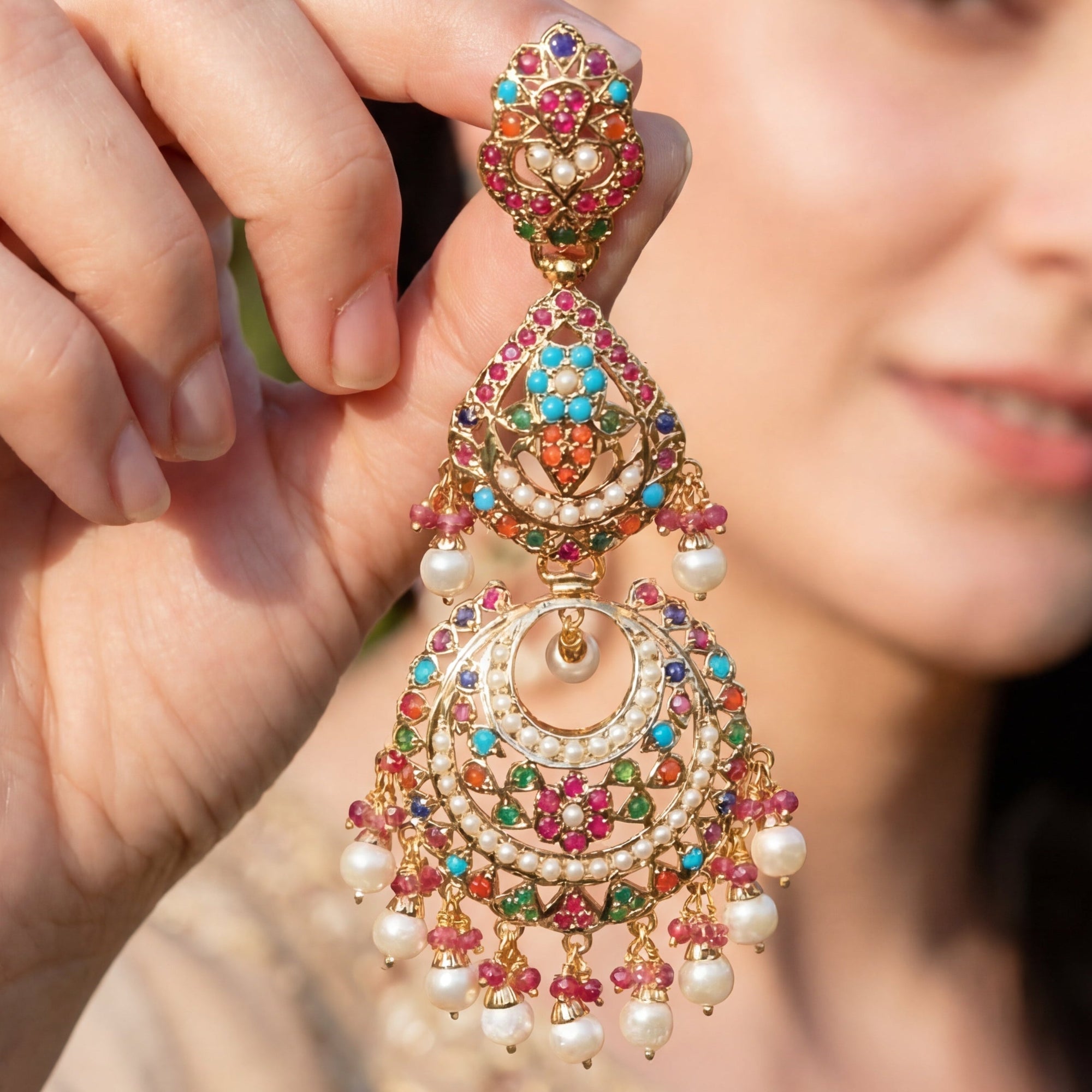 Gold Plated Long Chandbali Earrings | Studded with Navaratna Colors ER 044