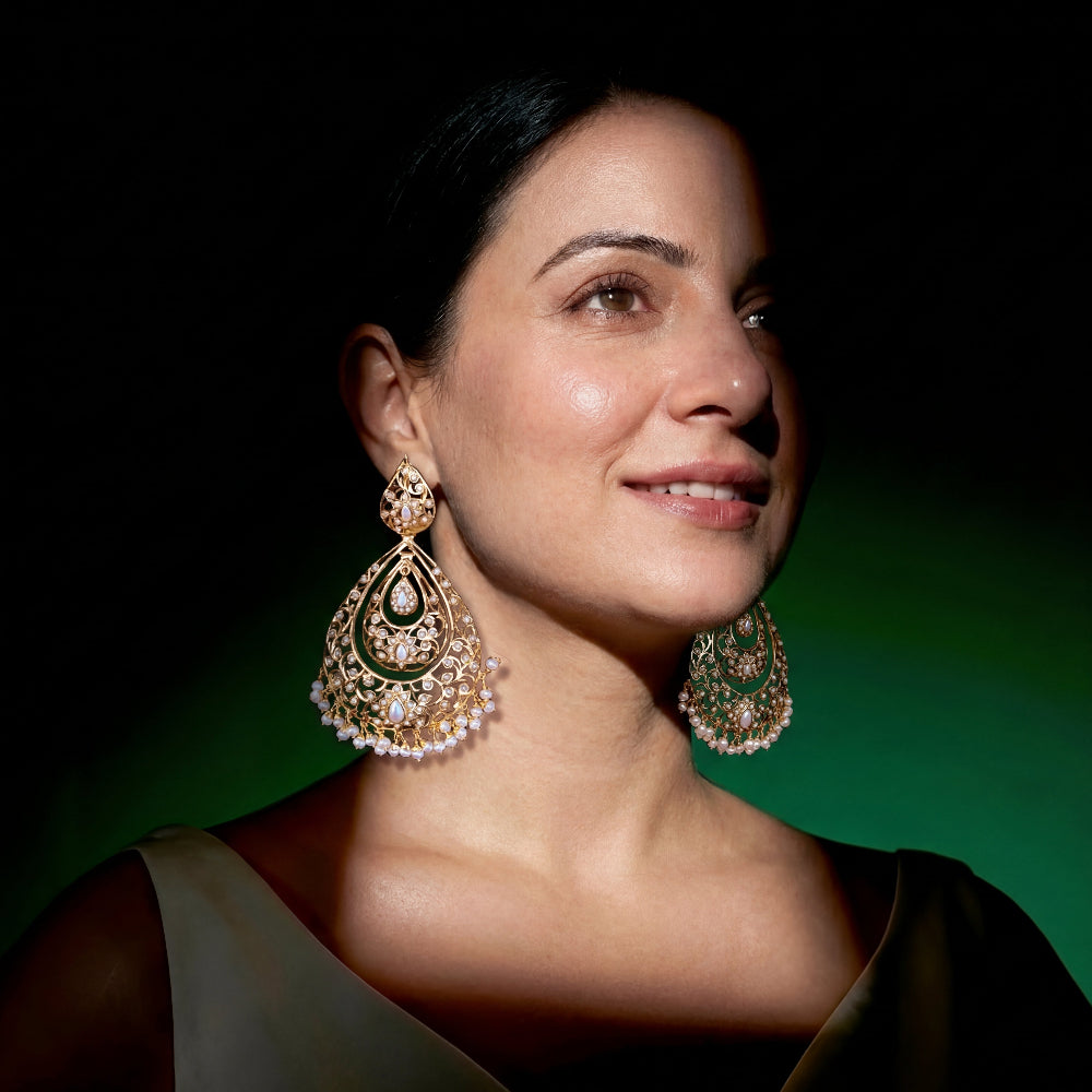 Long Oversized Pearl Chandbalis | Antique Design | Gold Plated on Sterling Silver ER 160
