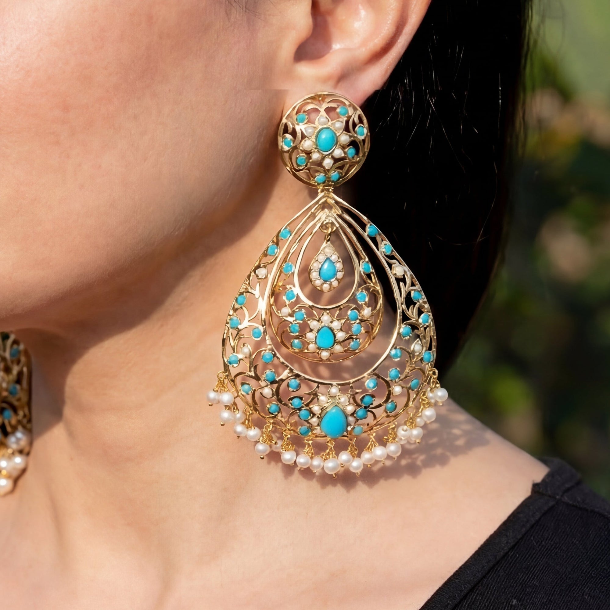 Large Drop Shaped Pearl and Feroza Earrings | Gold Plated on Silver ER 159