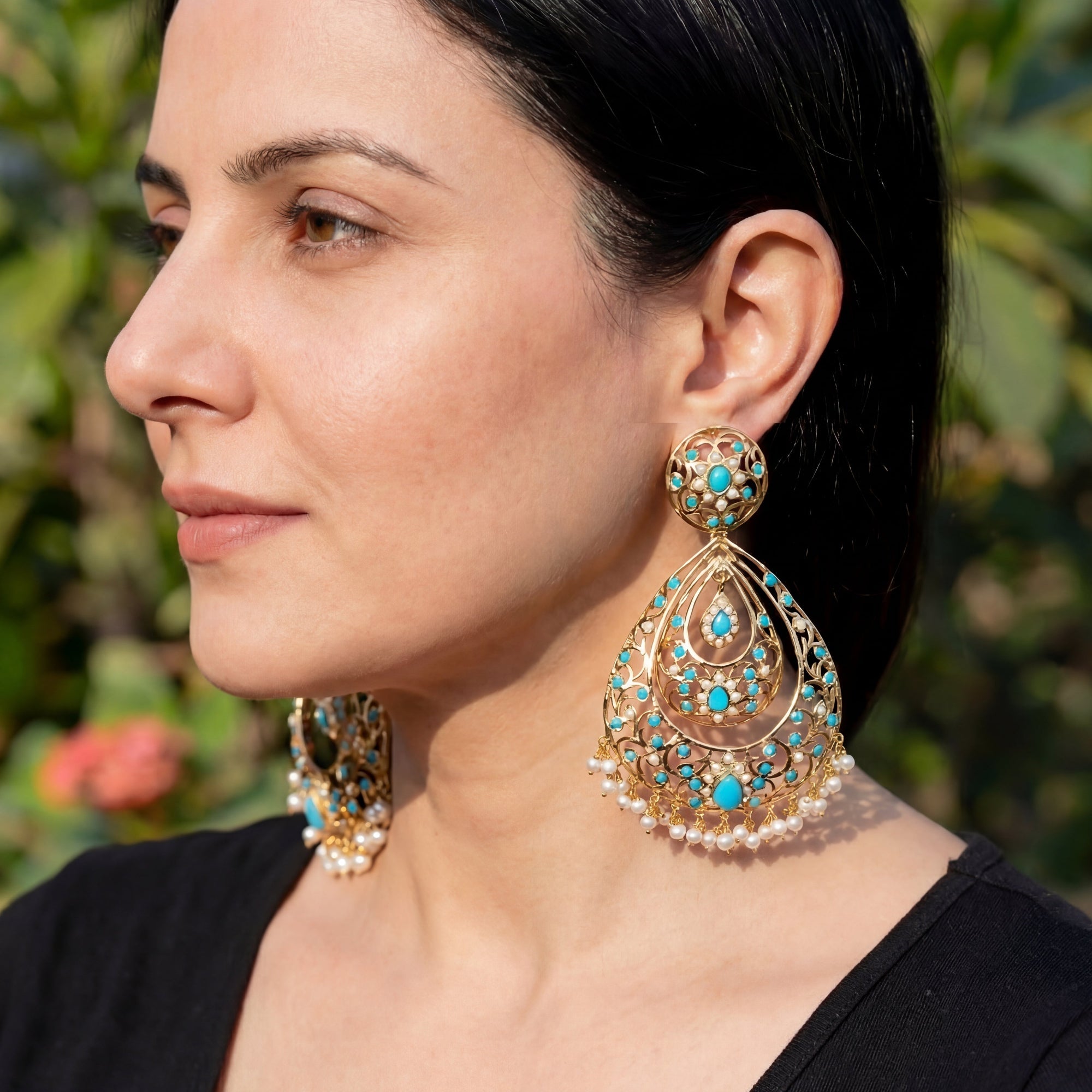 Large Drop Shaped Pearl and Feroza Earrings | Gold Plated on Silver ER 159