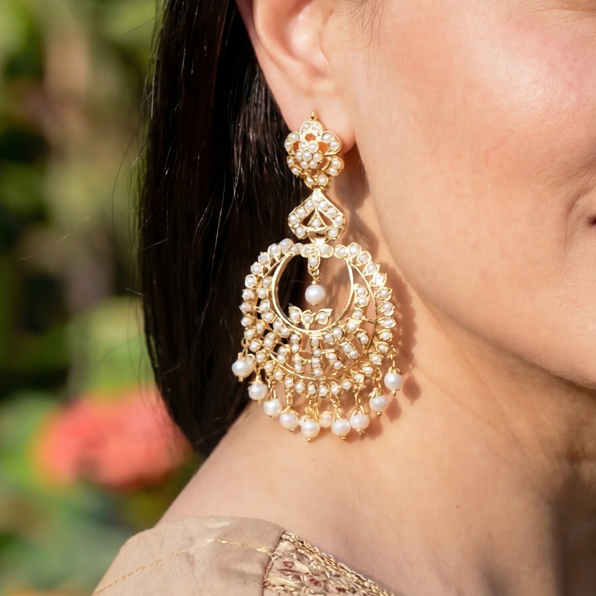 Jadau Chandbali Earrings | Fine Pearl Jewellery | Gold Plated Silver ER 040