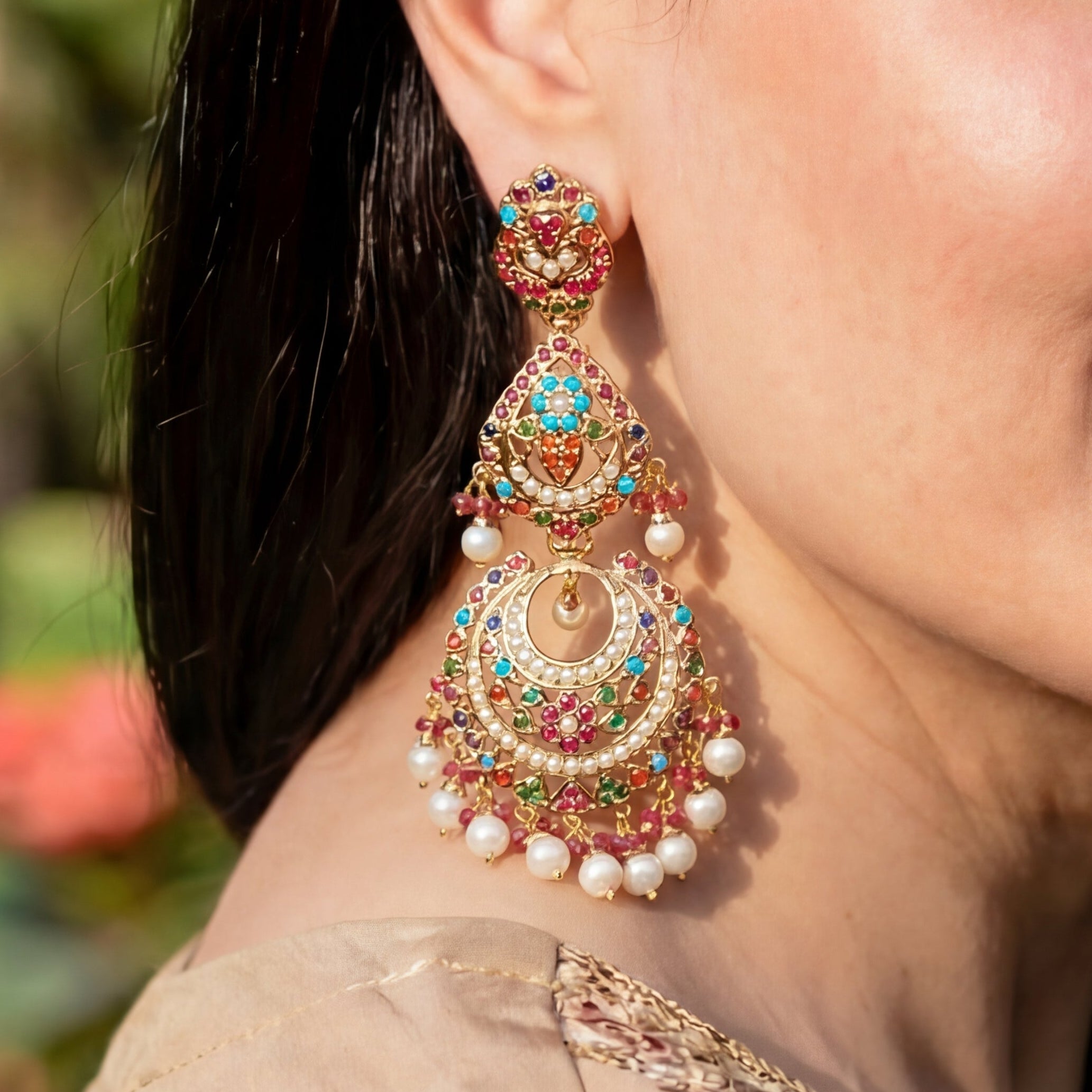 Gold Plated Long Chandbali Earrings | Studded with Navaratna Colors ER 044