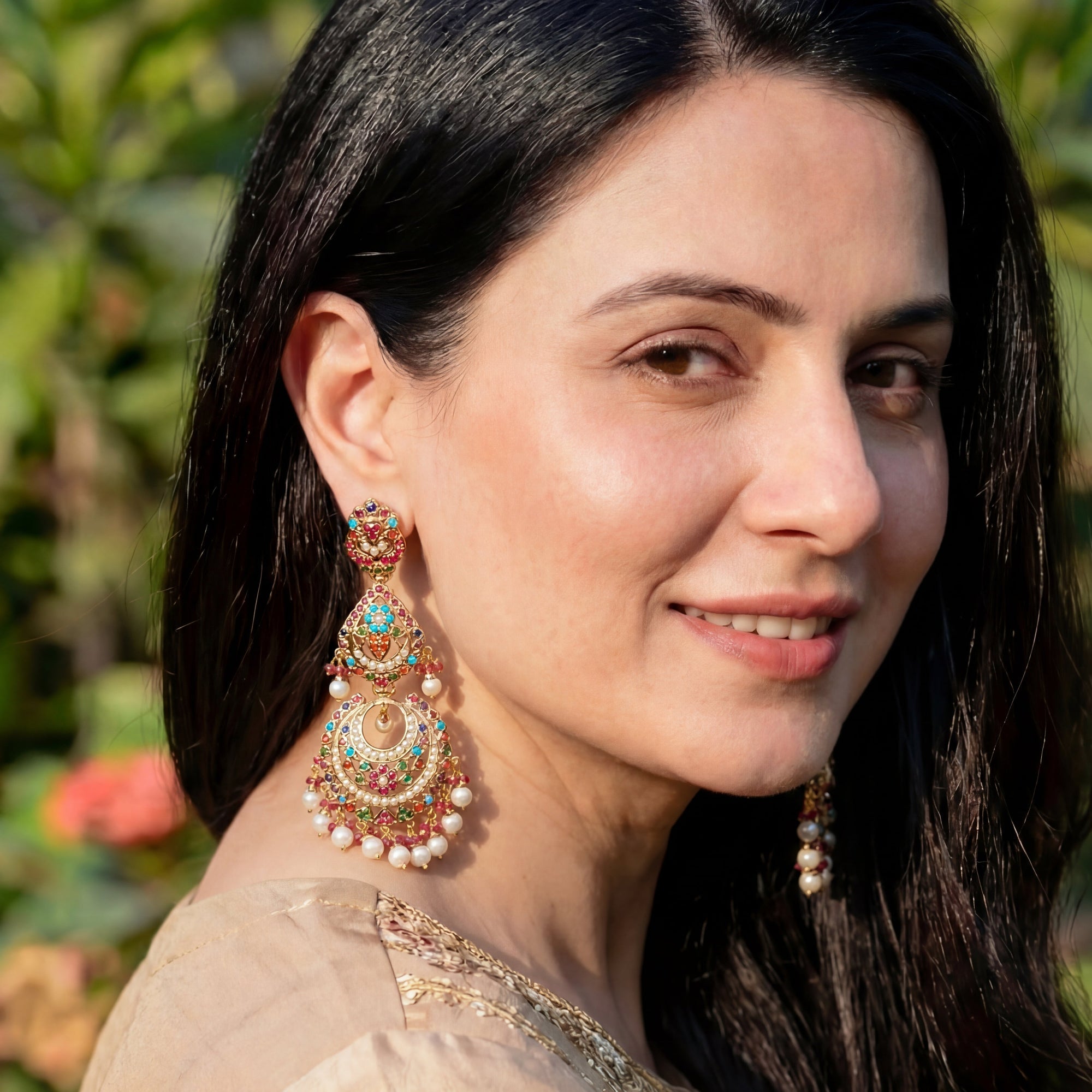 Gold Plated Long Chandbali Earrings | Studded with Navaratna Colors ER 044