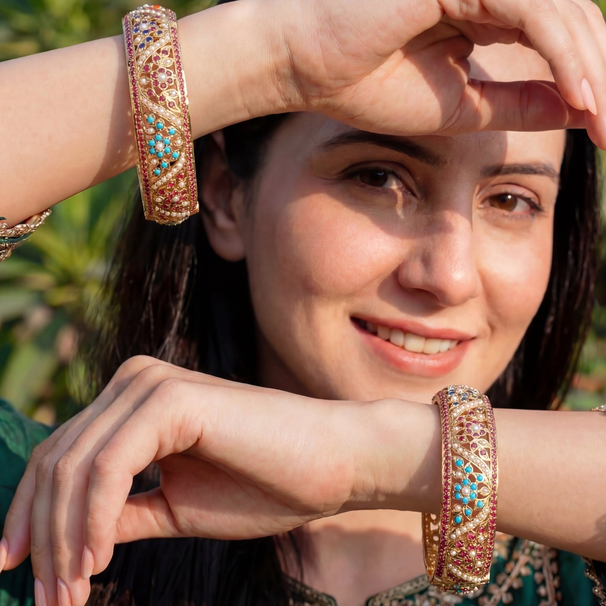 Exquisite Navratan Bangles | Classic Jadau Fashion Jewelry on Gold Plated Silver BG 009