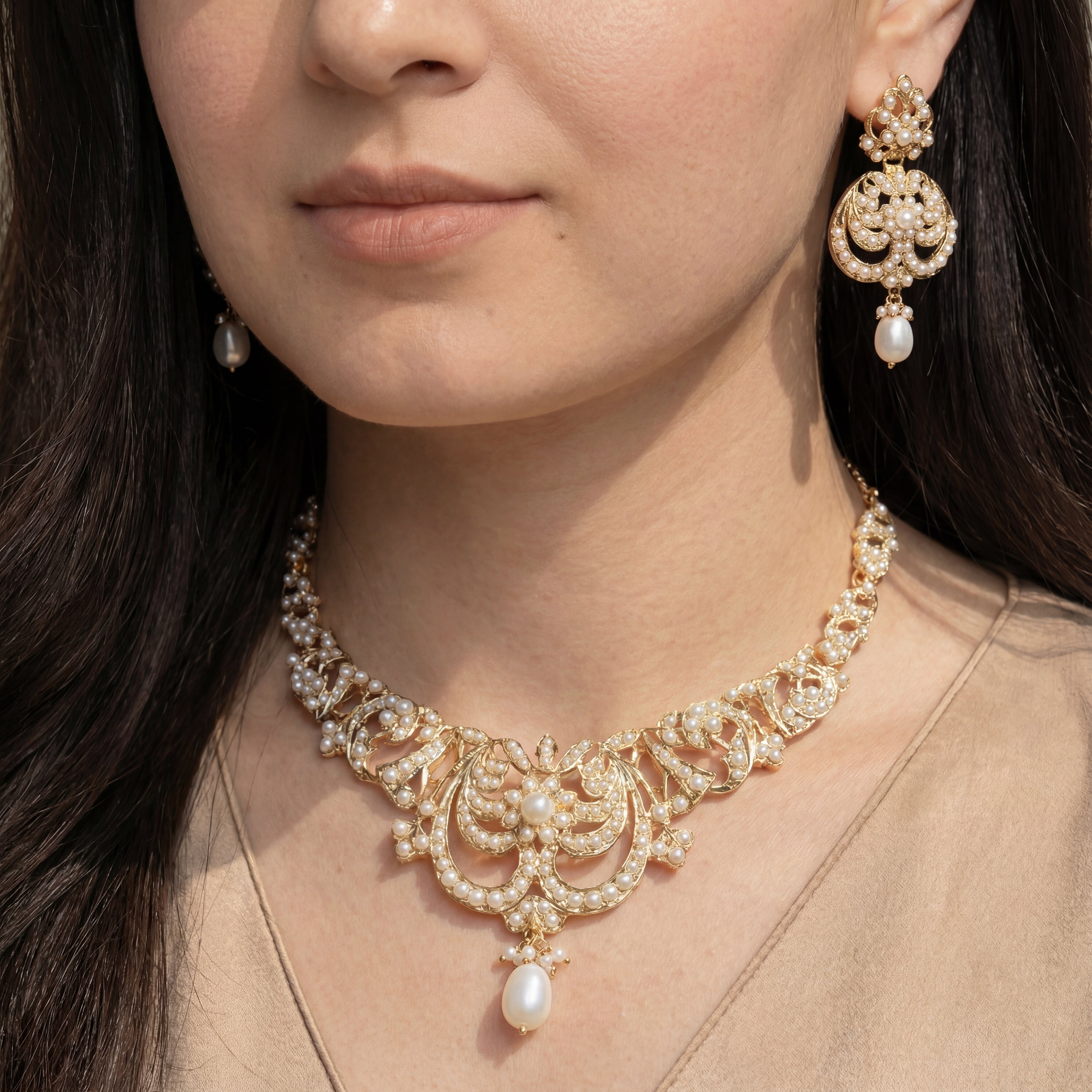 Vintage Style Pearl Necklace Set | Gold Plated on 925 Silver Base NS 441