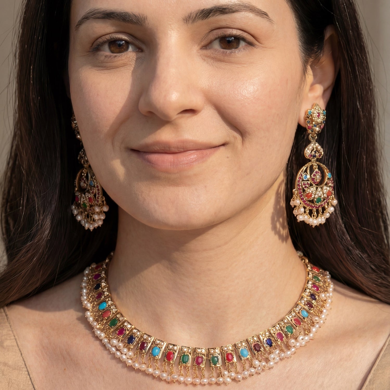 Classic Navratna Necklace with Long Chandbali Earrings | Gold Plated on Silver NS 422