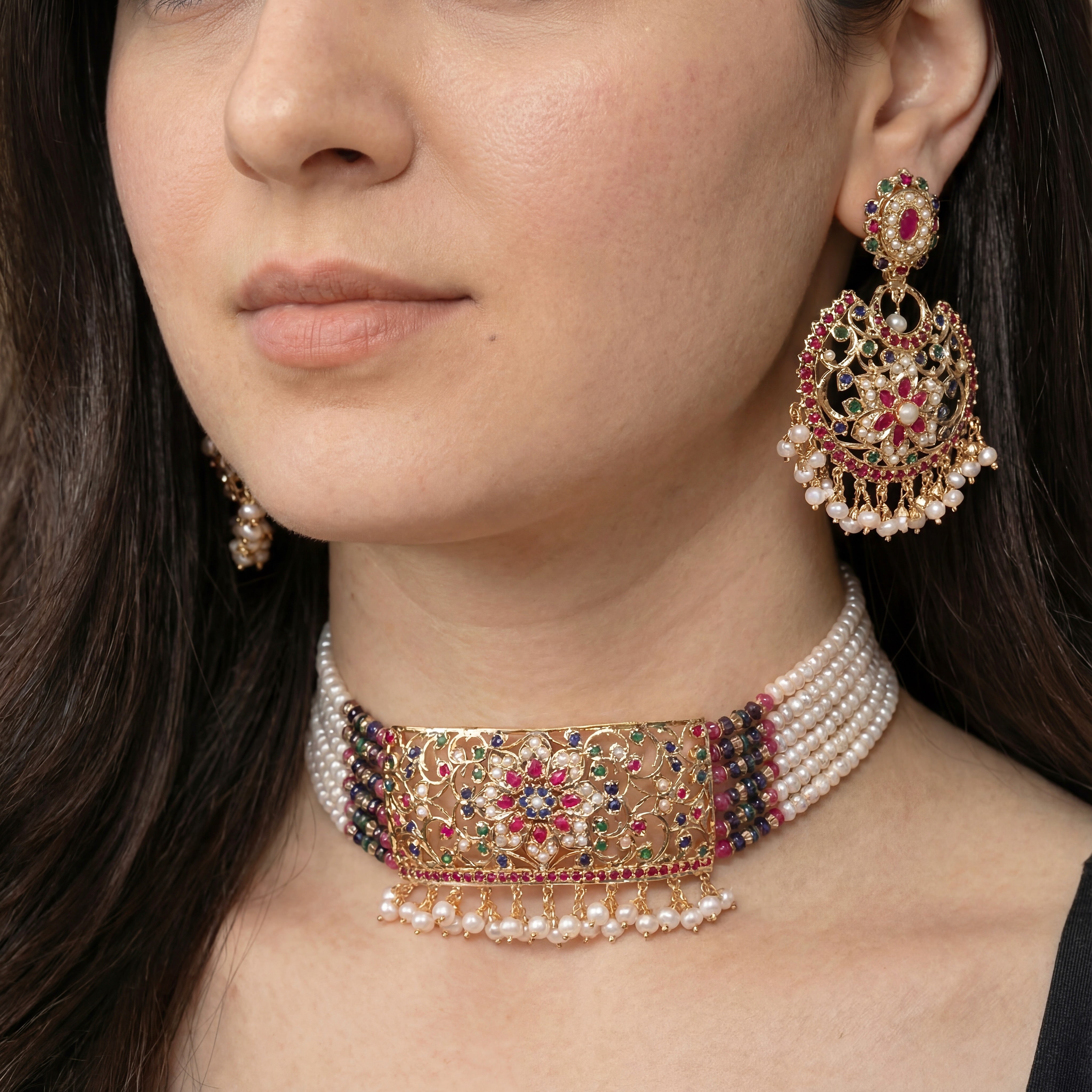 Multicolored Jadau Choker Set | Ethnic Indian Fashion Jewelry on Silver Base NS 416