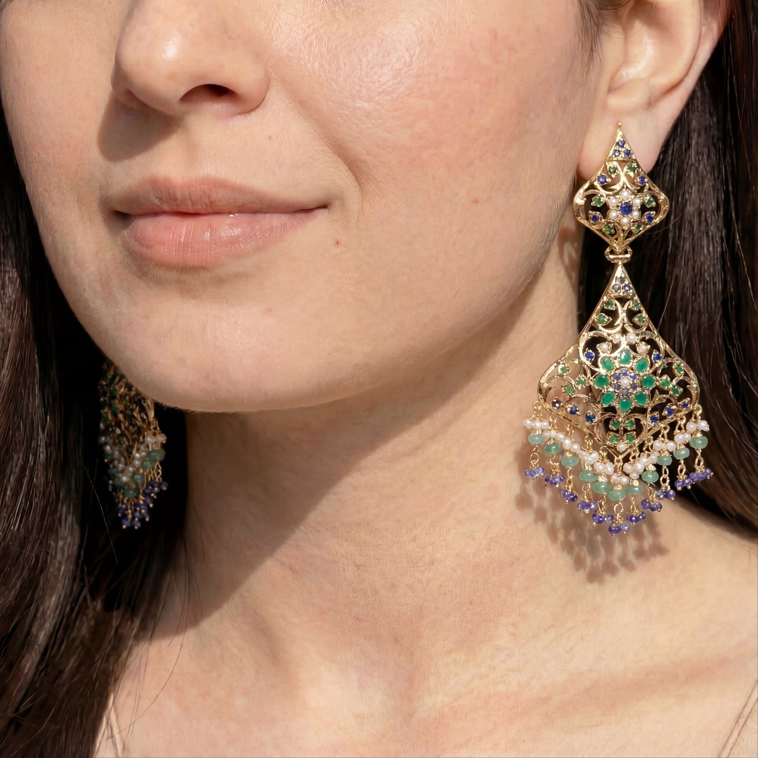 Multicolored Jadau Danglers in Gold Plated Silver ER 274