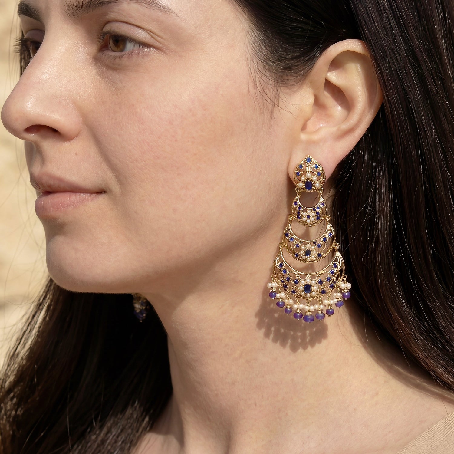 Exquisite Silver Dangler Earrings | Pearl and Sapphire Combination ER 442