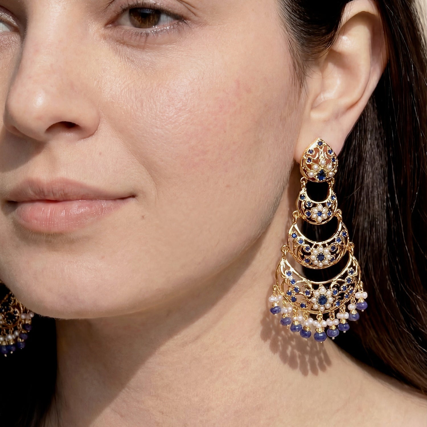 Exquisite Silver Dangler Earrings | Pearl and Sapphire Combination ER 442