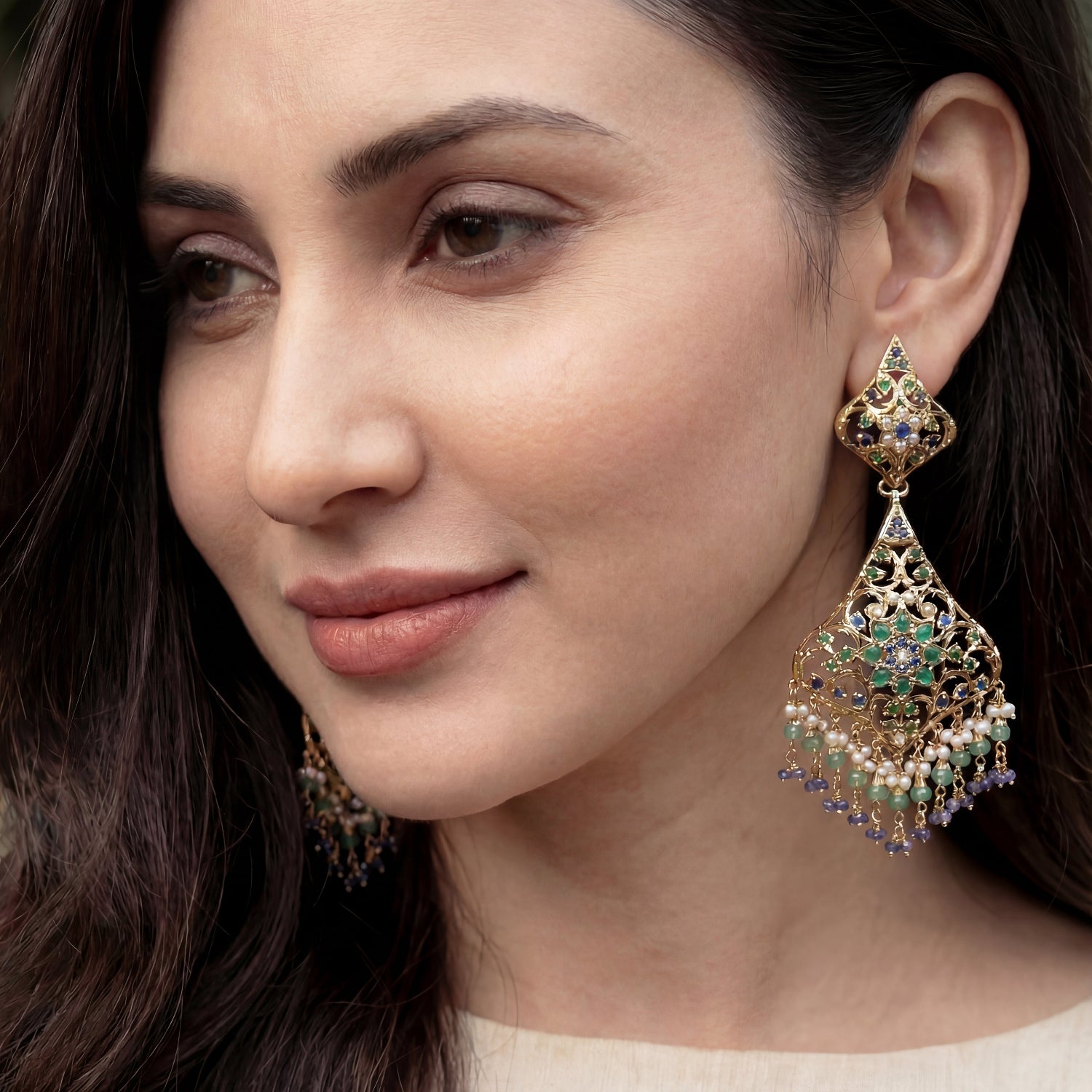 Multicolored Jadau Danglers in Gold Plated Silver ER 274