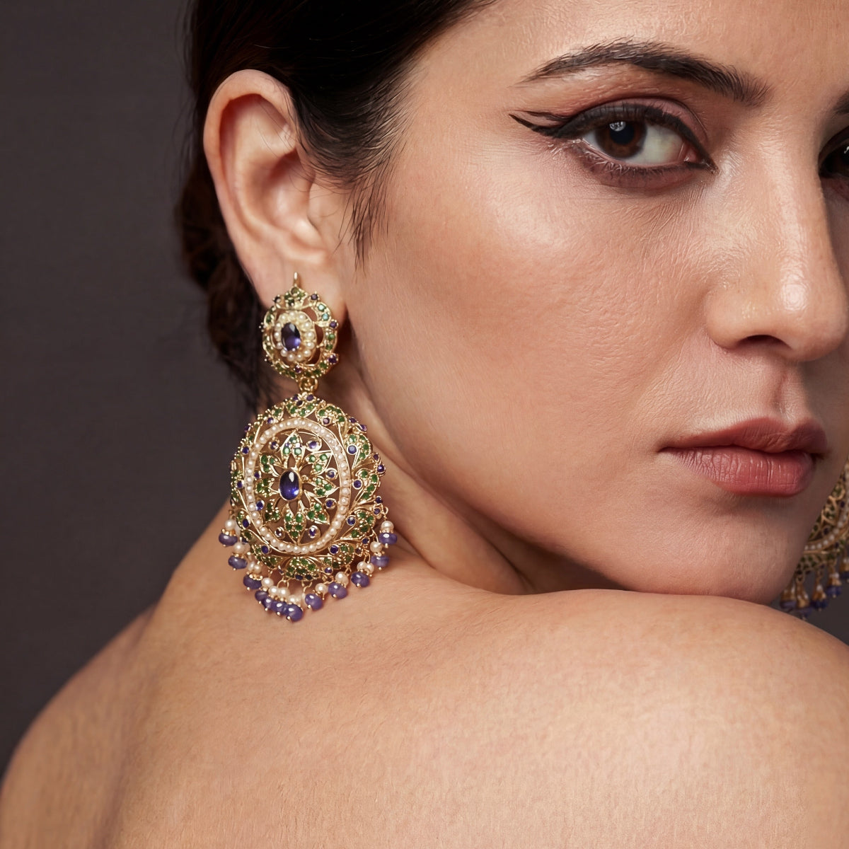 Emerald Sapphire Pearl Earrings in Gold Plated Silver ER 297