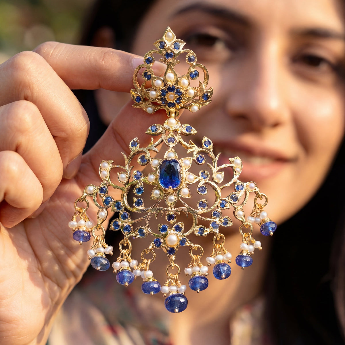 Edwardian Styled Earrings | Blue Sapphire & Pearls | Fusion Jewelry ER 279