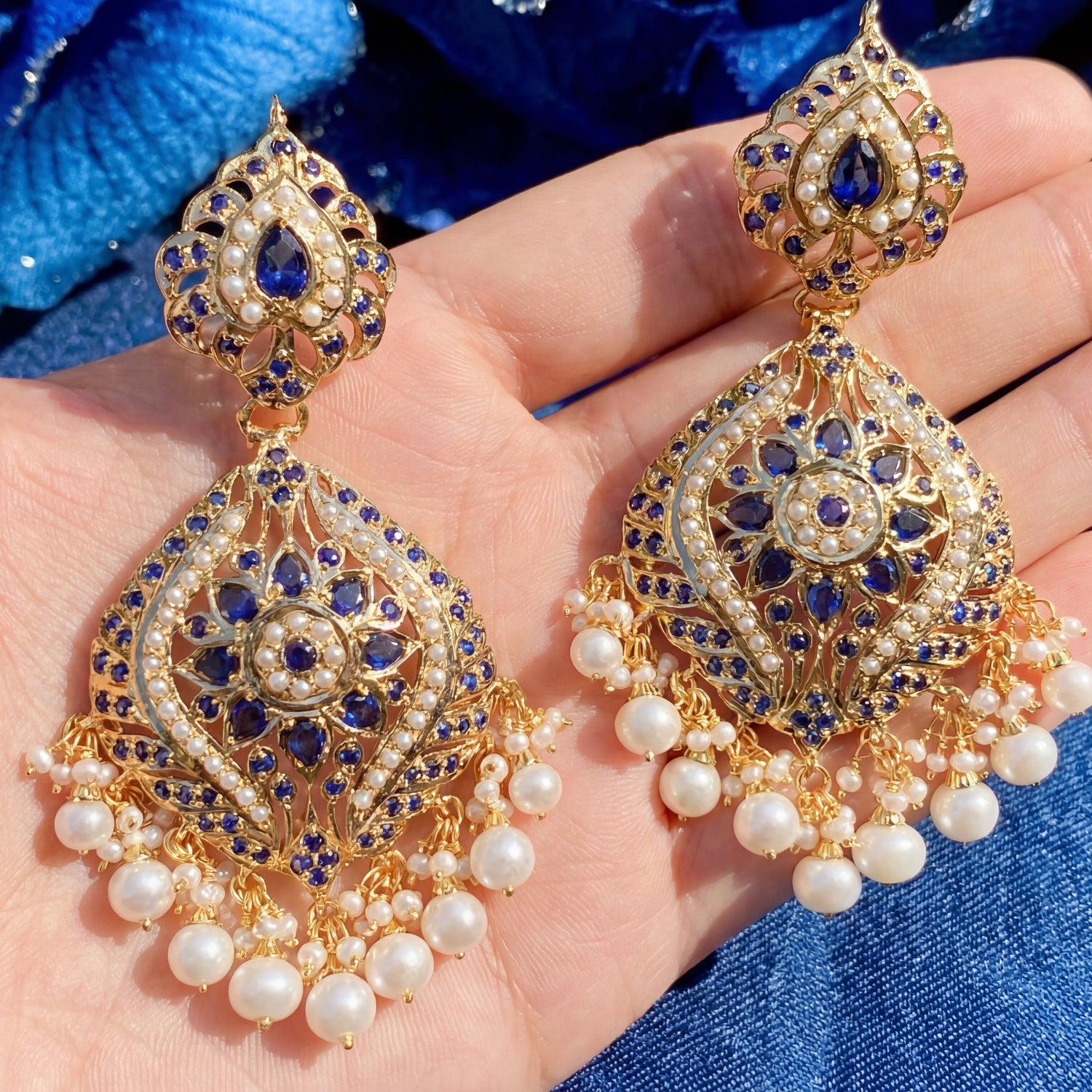 Gold Plated earrings on 925 Silver in Sapphire Pearl Combination ER 296