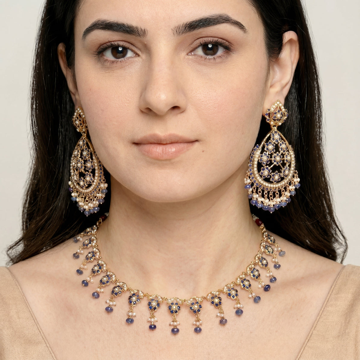Sleek Necklace with Large Earrings | Premium Indian Fashion Jewelry on Gold Plated Silver NS 409