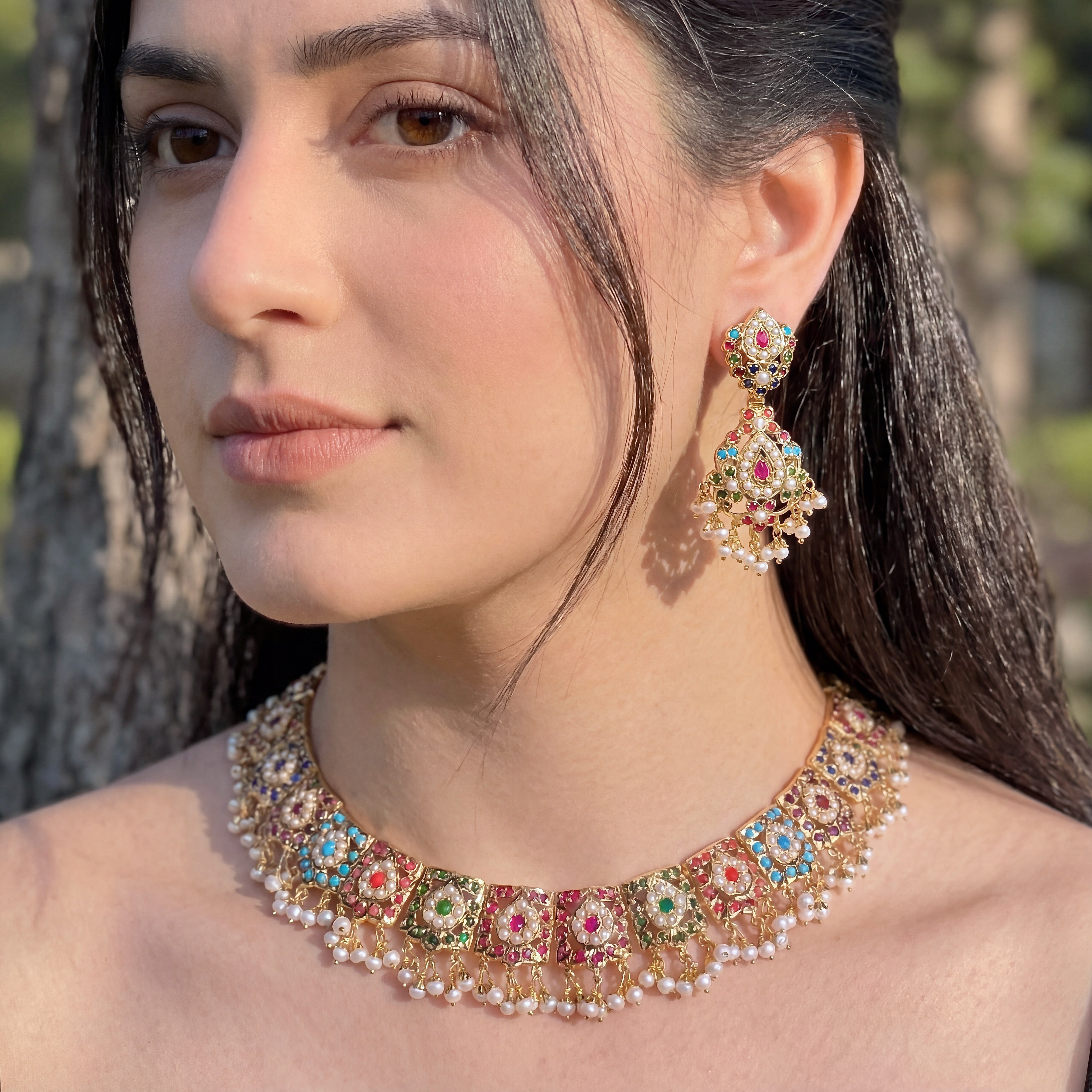 Elegant and Sober Navaratna Necklace Set | Gold Plated Jadau Jewelry on Silver NS 407