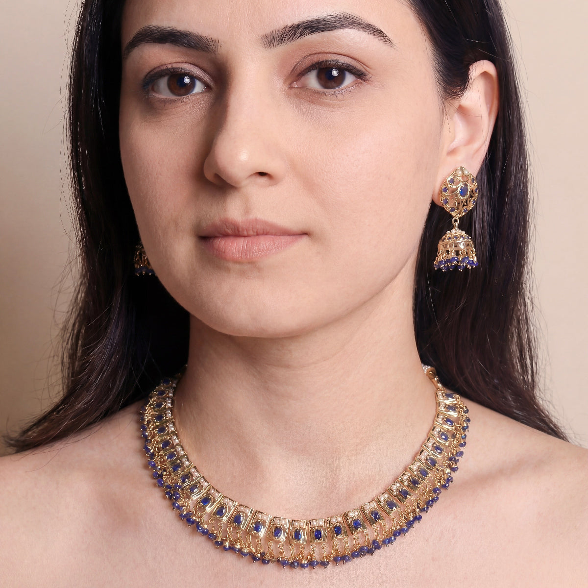 Simple Elegant Jadau Necklace With Jhumka | Sterling Silver | Blue Sapphire & Pearls NS 411