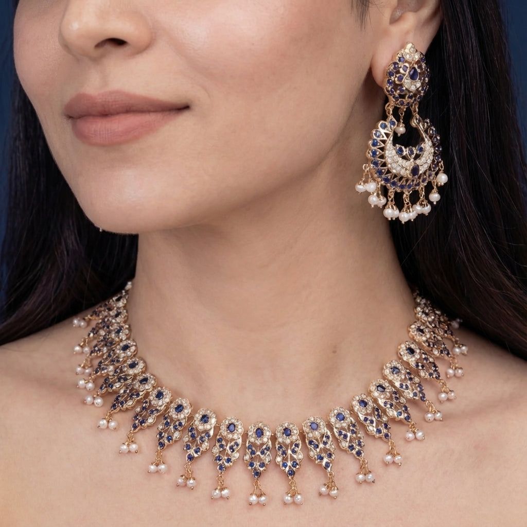Elegant Sapphire Pearl Necklace with Chandbali Earrings | Sterling Silver Base NS 359