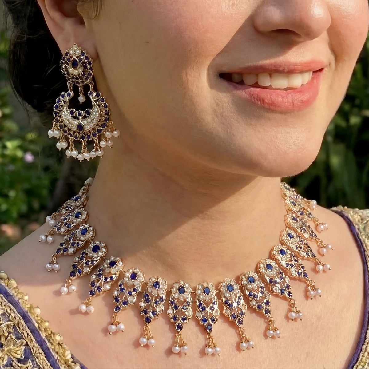 Elegant Sapphire Pearl Necklace with Chandbali Earrings | Sterling Silver Base NS 359