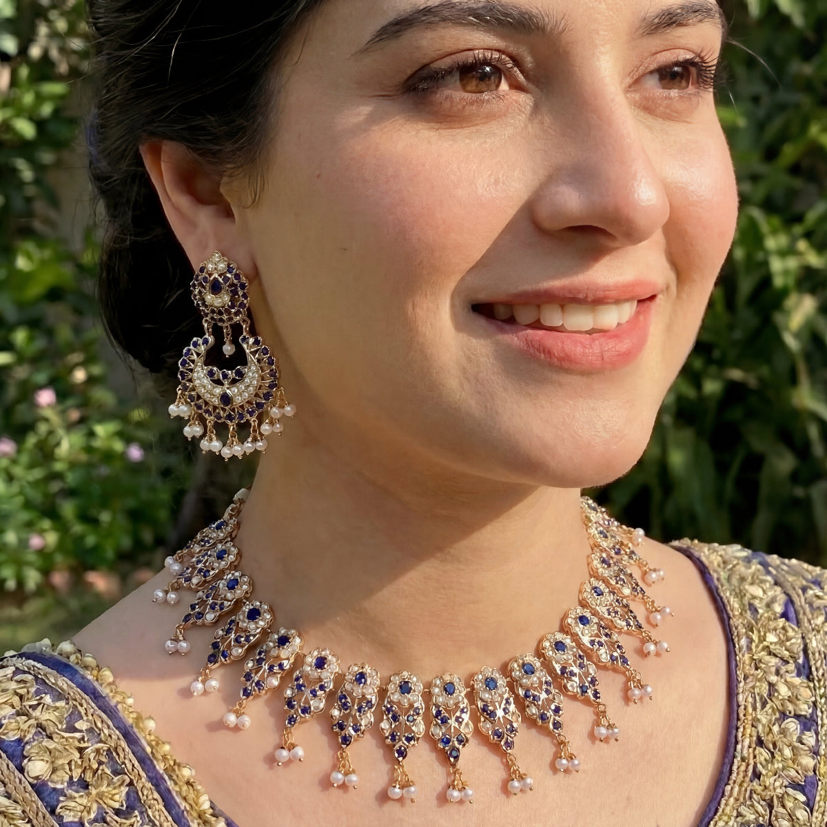 Elegant Sapphire Pearl Necklace with Chandbali Earrings | Sterling Silver Base NS 359