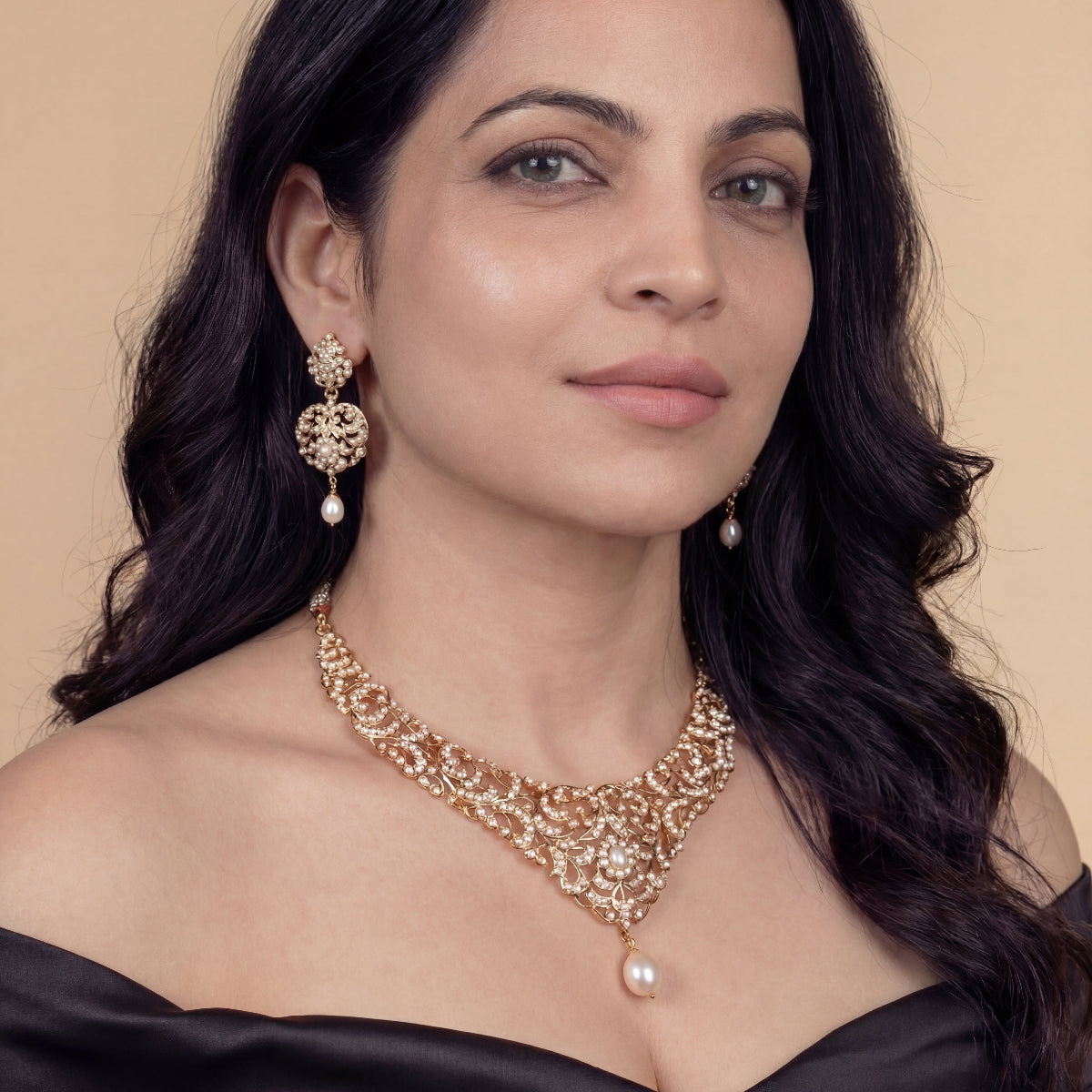 Indian Pearl Necklace Set on Silver Base | Antique Edwardian Style Design NS 395