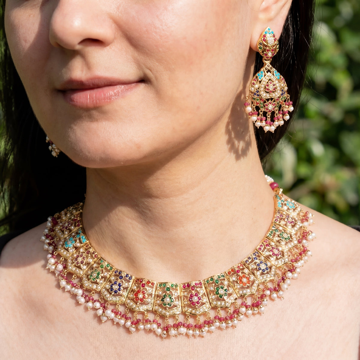 Heritage Indian Jadau Jewellery | Gold Plated Navaratna Necklace Set | 92.5 Silver NS 071