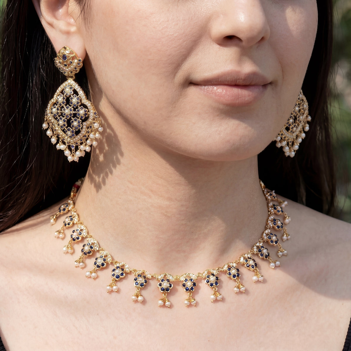 Dainty Neelam Necklace | Statement Floral Earrings | Indian Jewelry For Women NS 294