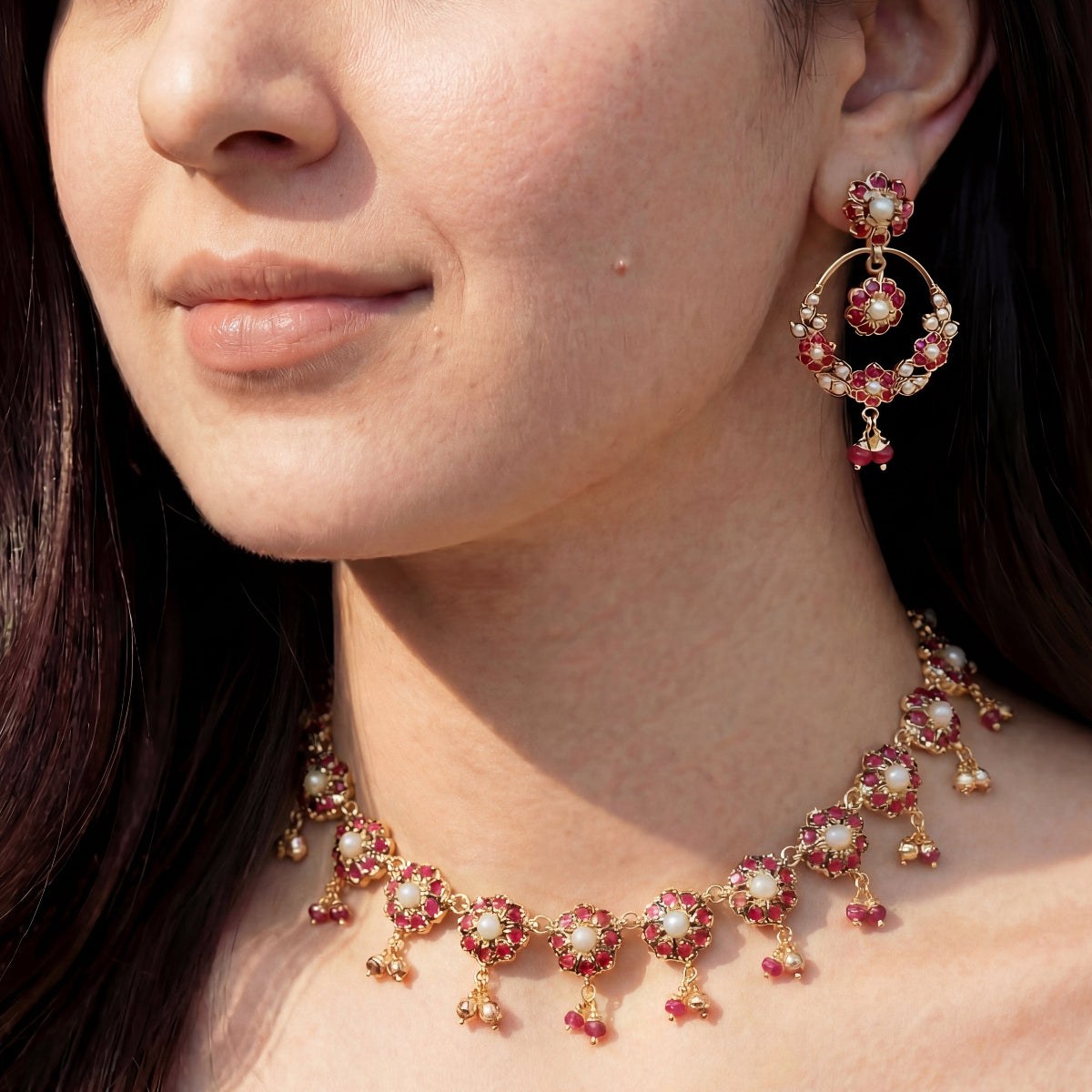 Floral Gold Plated Indian Necklace Set | Dainty Necklace & Chandbali Earrings | Ideal Gift NS 299