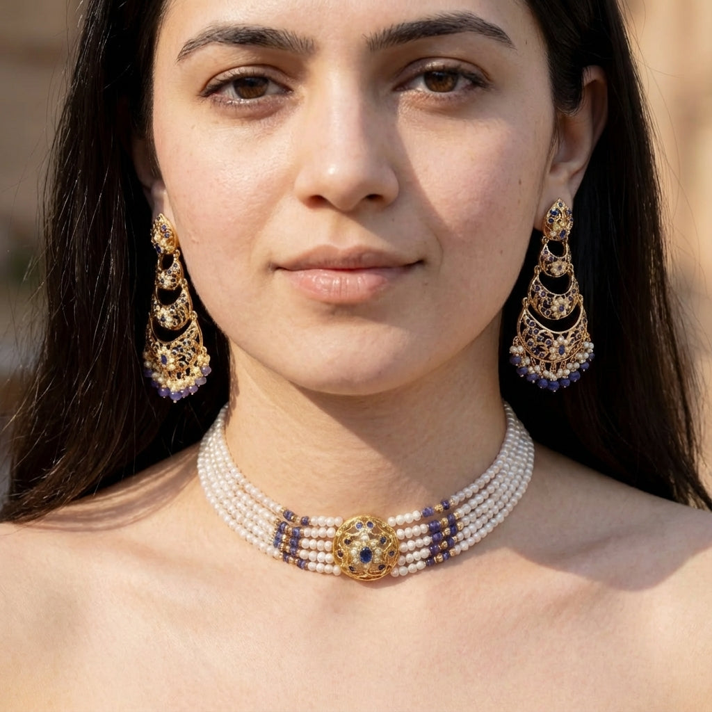 Sleek Choker with Earrings | Sapphire and Pearl Jewelry | Jadau Choker Set NS 268