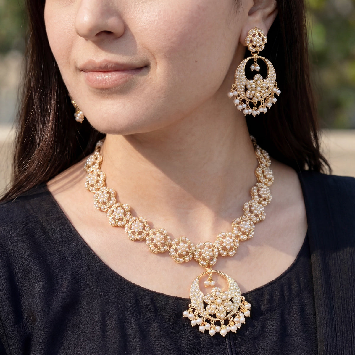 Floral Pearl Necklace Set on Silver | With Chandbalis | Indian Silver Jewelry Online NS 400B
