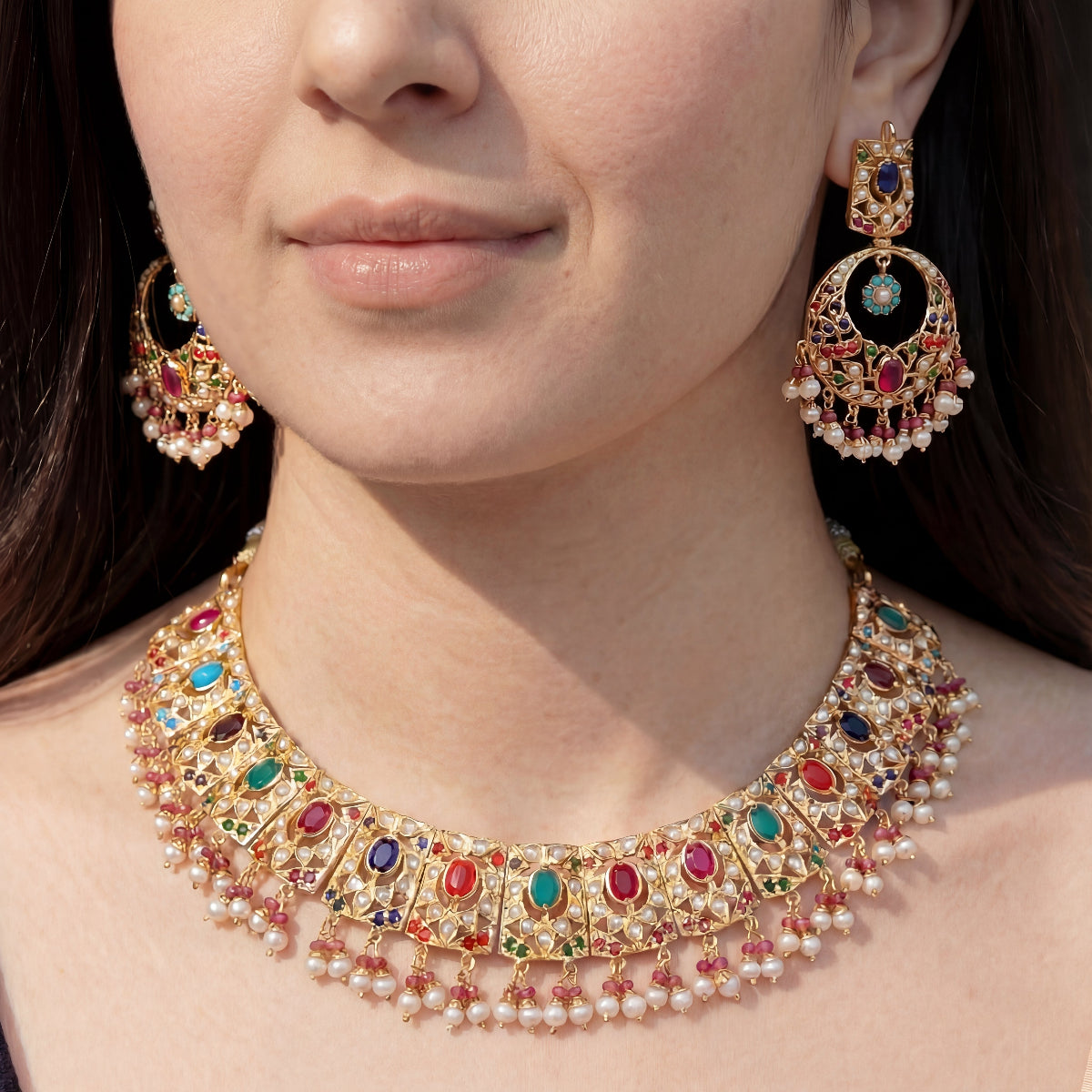 Navratan Necklace Set | Studded with Multi-Colours | Gold Polished Silver NS 106