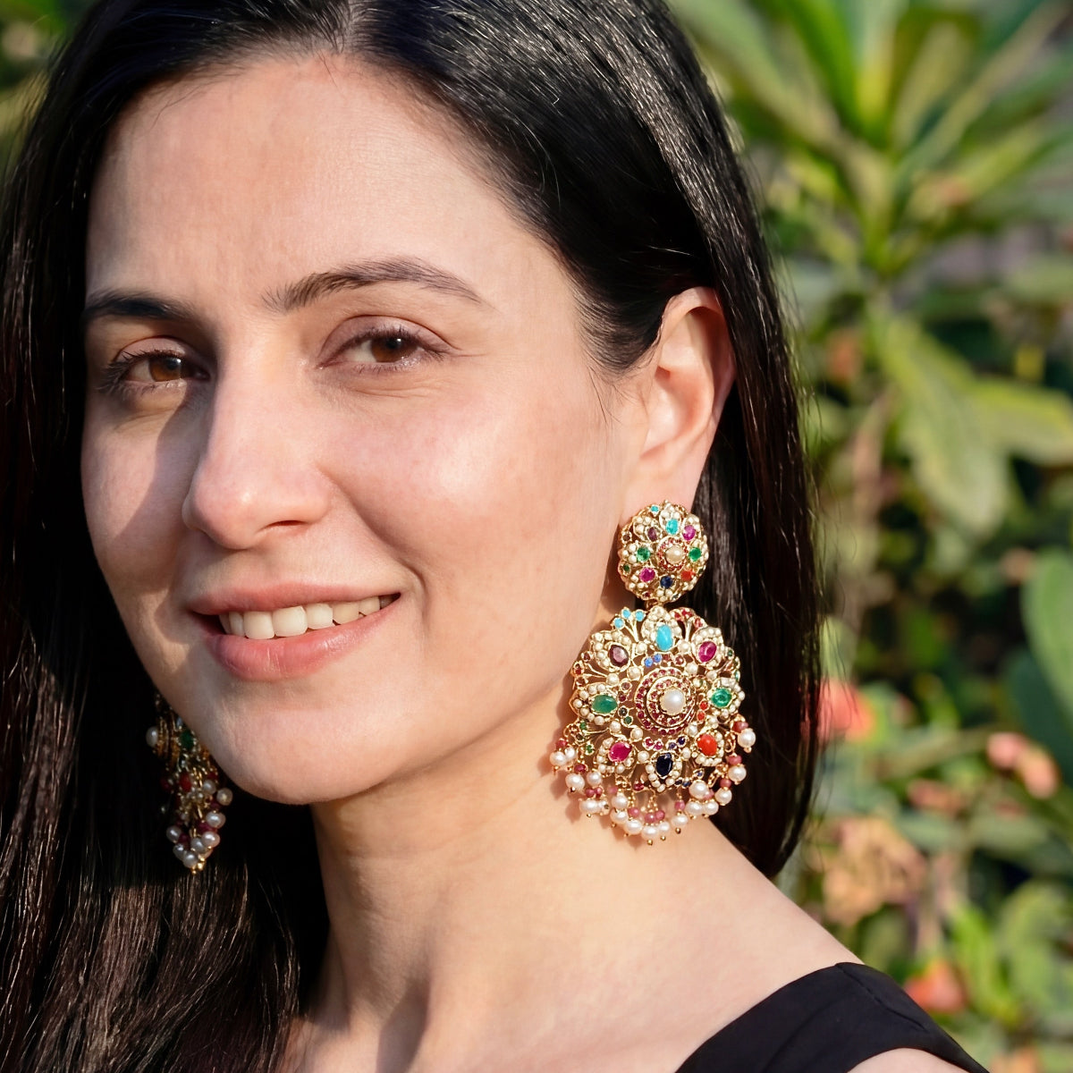 Classic Indian Navaratna Earrings | Long Jadau Danglers | Gold Plated Fashion Jewelry on Silver ER 445