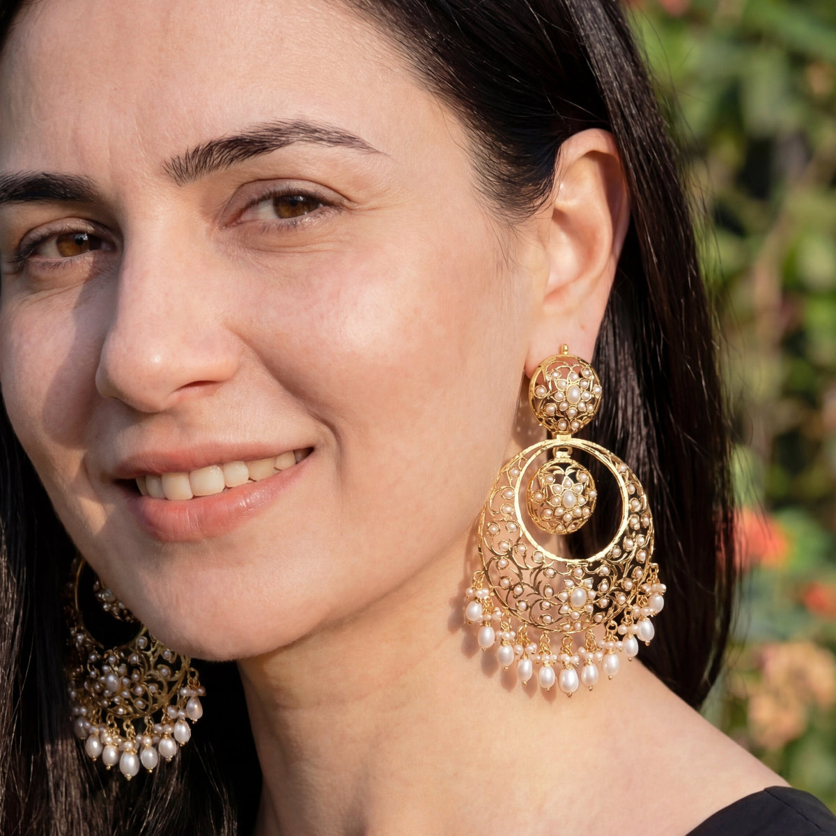 Real Pearls Chandbali Earrings | Large Antique Indian Gold Plated Earrings Online ER 250