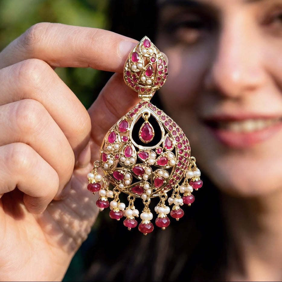 Pearl Ruby Jadau Chandbali Earrings | Gold Plated Silver Jewellery ER 125