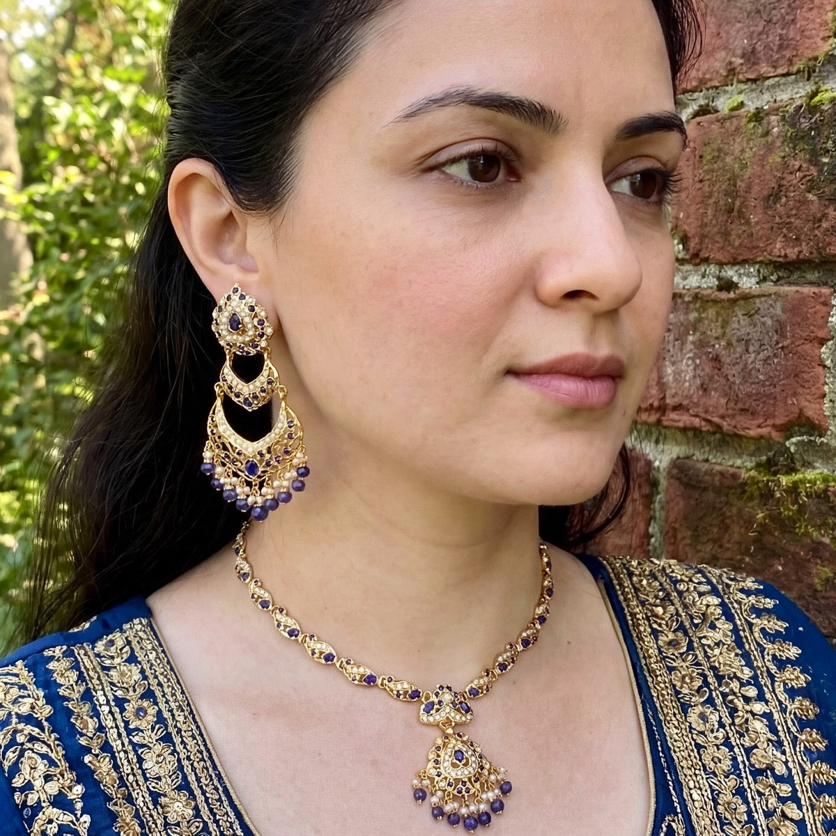 Jadau Necklace Set with Blue Sapphires & Pearls | Indian Pakistani Jadau Jewelry Set NS 286