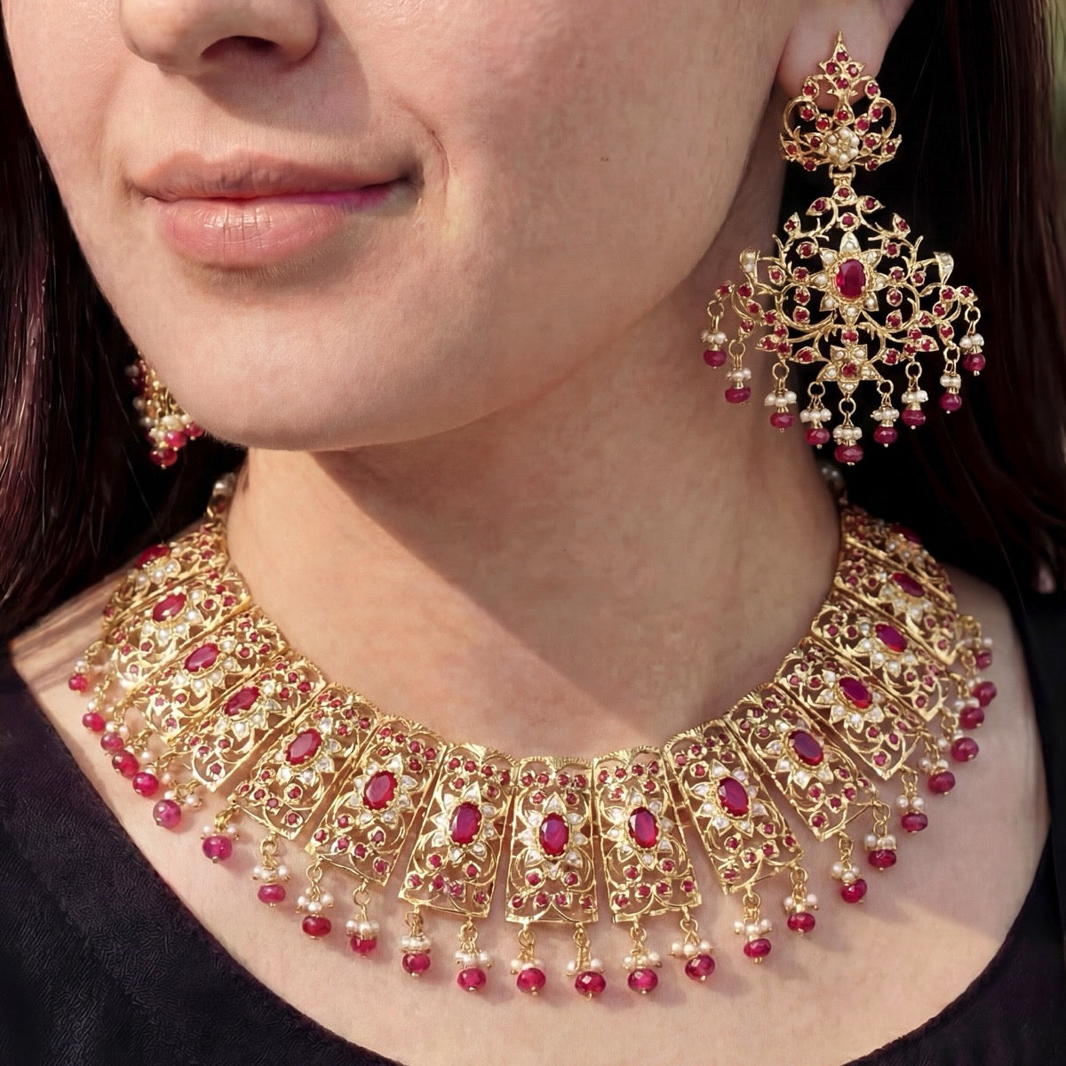 Gold Plated Bridal Indian Jewellery Set | Ruby Red Necklace Set NS 128
