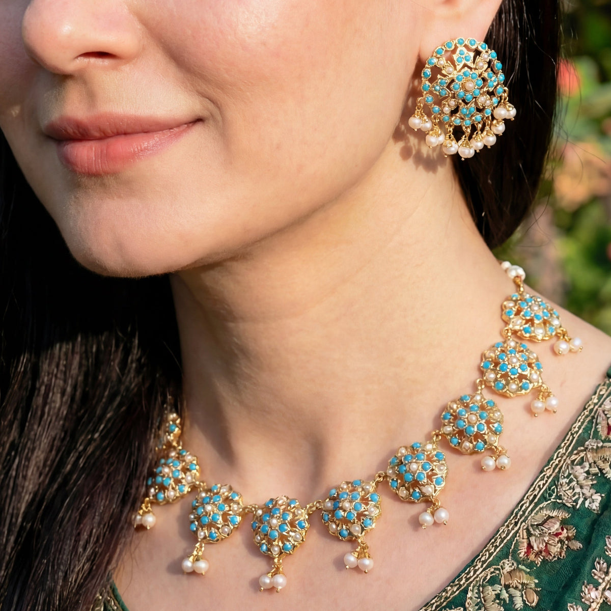 Turquoise & Pearl Set | Gold Plated | Party Wear Design NS 187