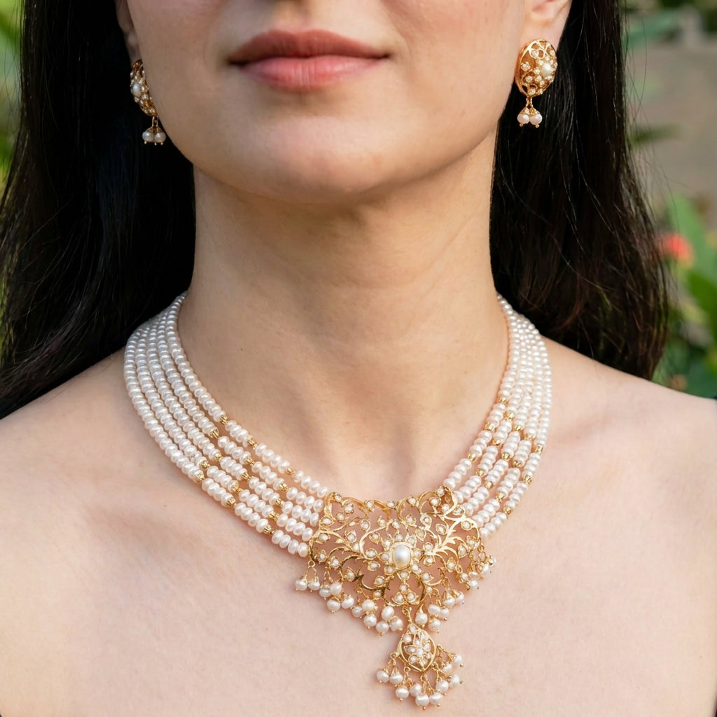 Multi Strand Pearl Necklace With Studs on Silver | Layered Choker Set | Indian Sitarami Set NS 203