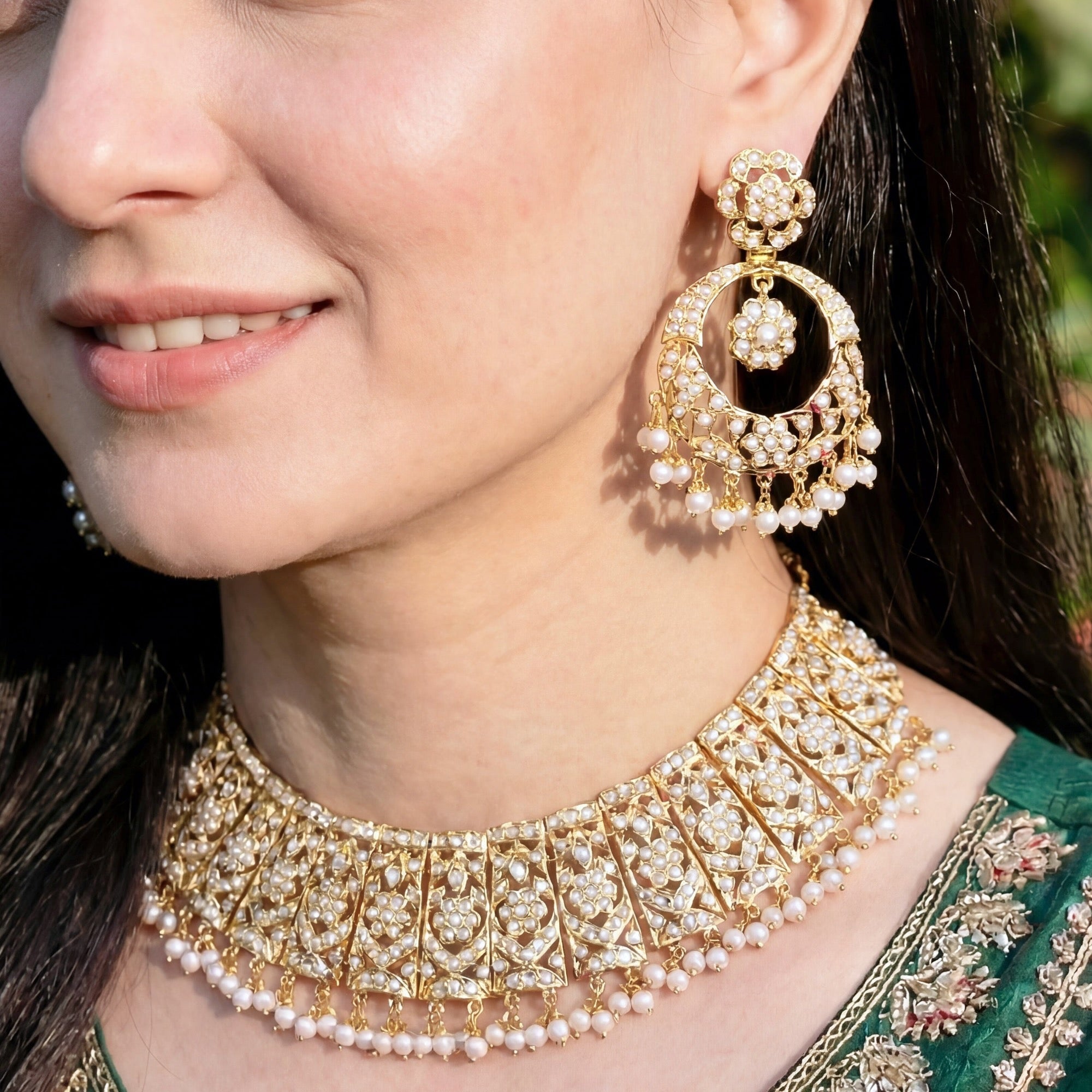 Classic Pearl Guluband Set | Gold Plated Jadau Set on Sterling Silver NS 068